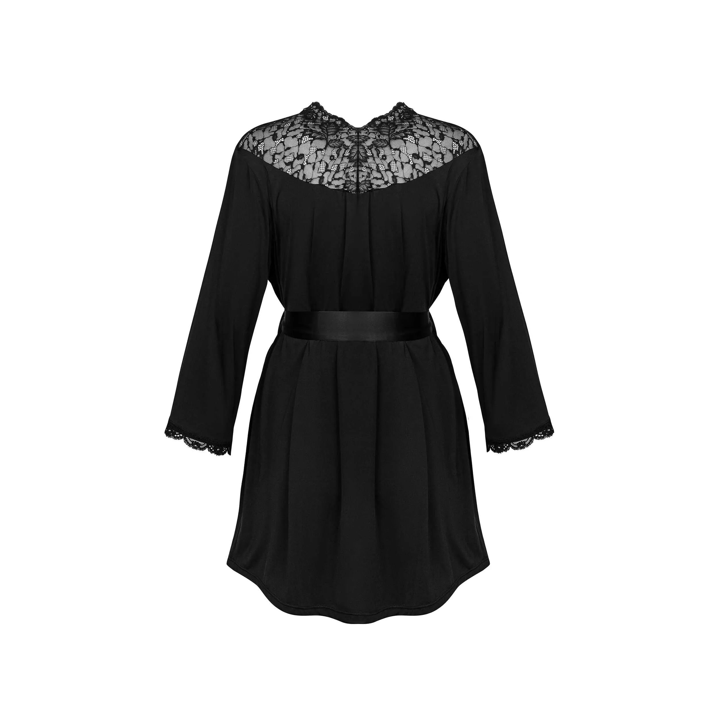 Peignoir noir Bellastia avec dentelle translucide et ceinture accentuant la taille, tissu doux et élégant.