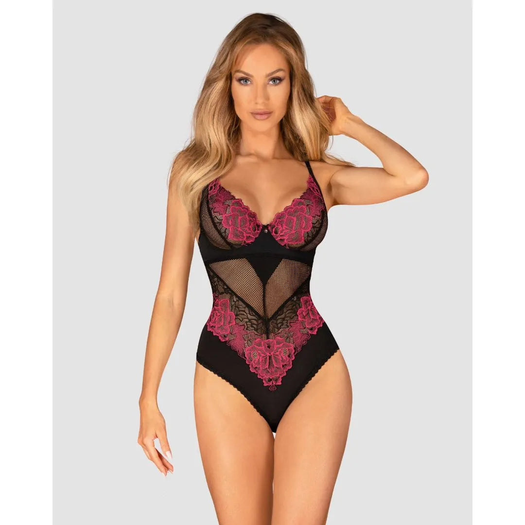 Body lingerie noir avec motifs floraux roses, bretelles réglables, dentelle délicate, ajustement parfait, élégance sensuelle.