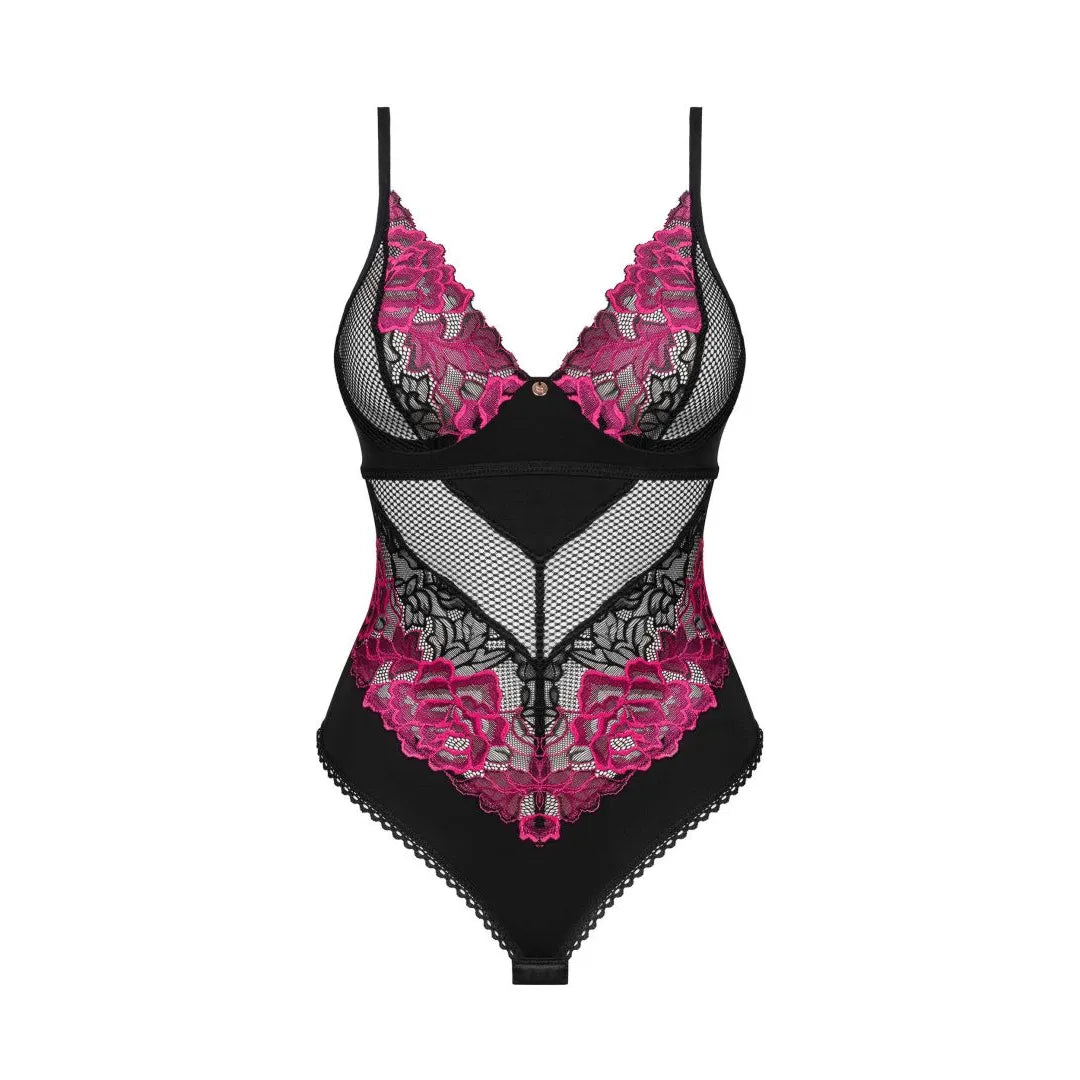 Body lingerie noir avec dentelle florale rose, bretelles réglables, design sculptant, pendentif raffiné, confort extensible.