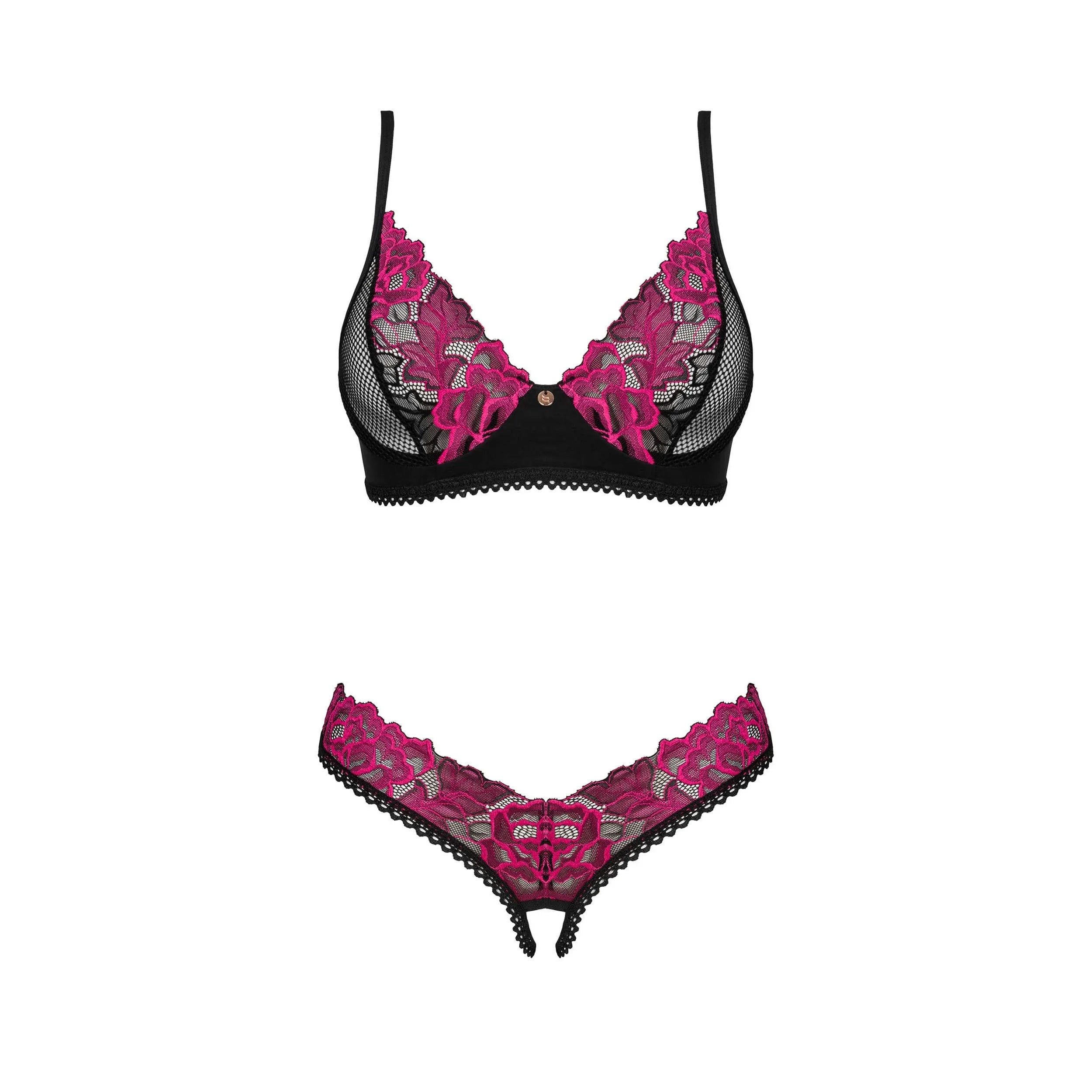 Ensemble lingerie 2 pièces noir et rose, broderie florale, string ouvert, soutien-gorge à armatures, bretelles réglables.