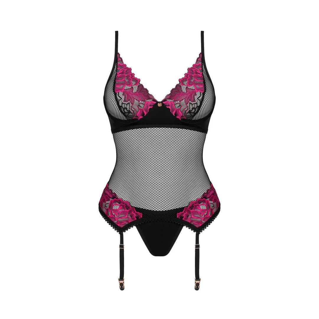 Guêpière noire Rosenty, maille transparente, motif floral, bretelles réglables, jarretelles, armatures, élégance sensuelle.
