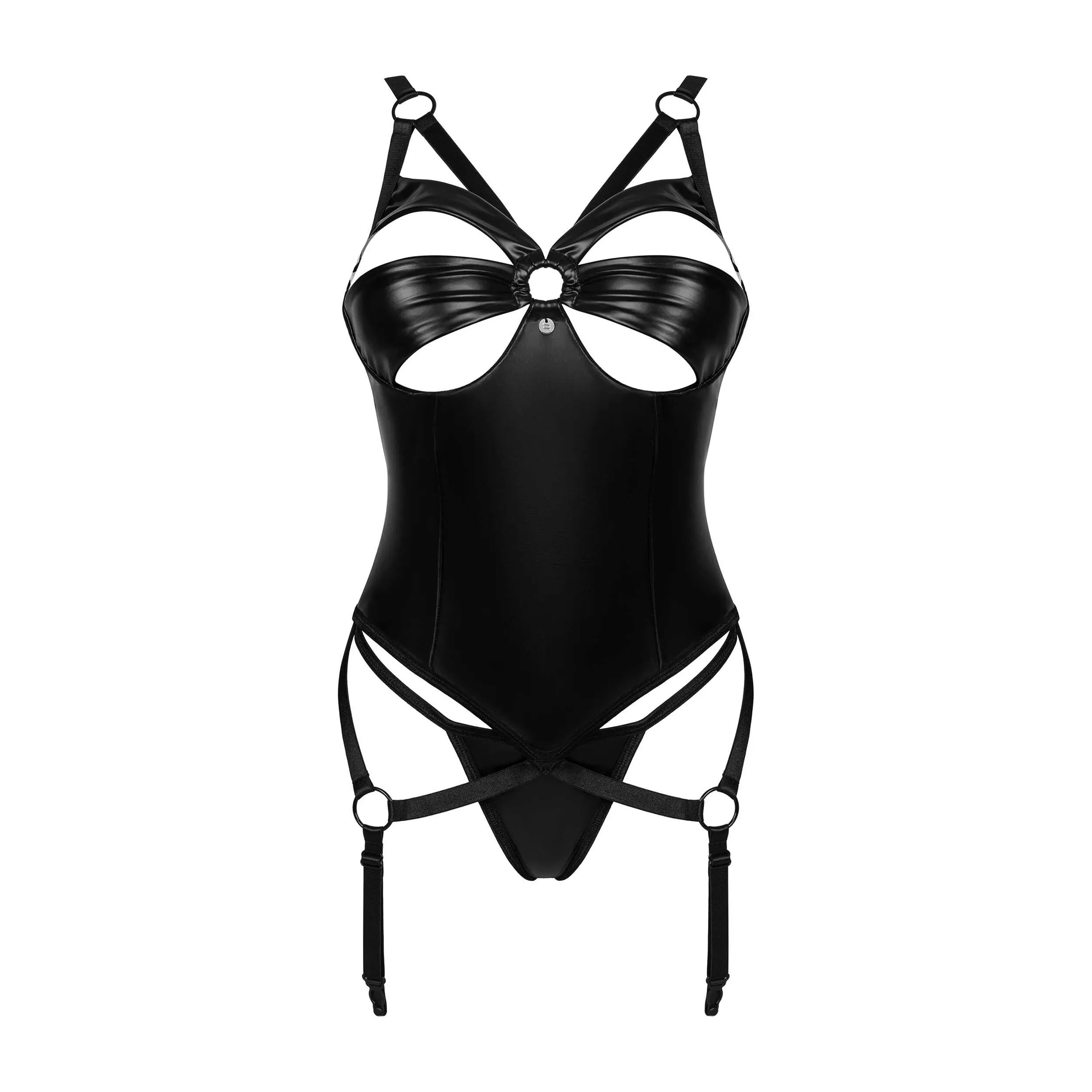 Combinaison corset string noir intense avec détails métalliques, bretelles ajustables et jarretelles, matière élastique.