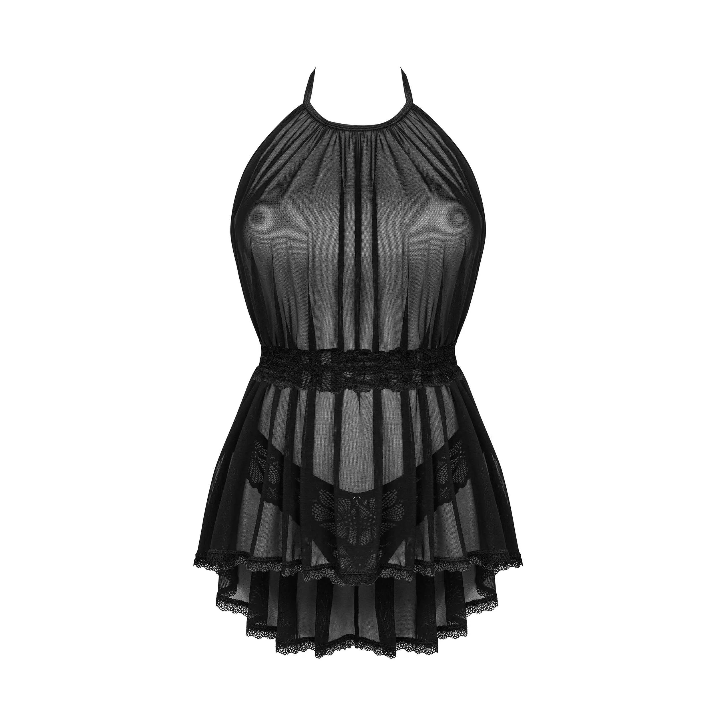 Nuisette Serafia noire translucide légère courte ajustable bretelles réglables ceinture motif floral string assorti confortable élégant sexy