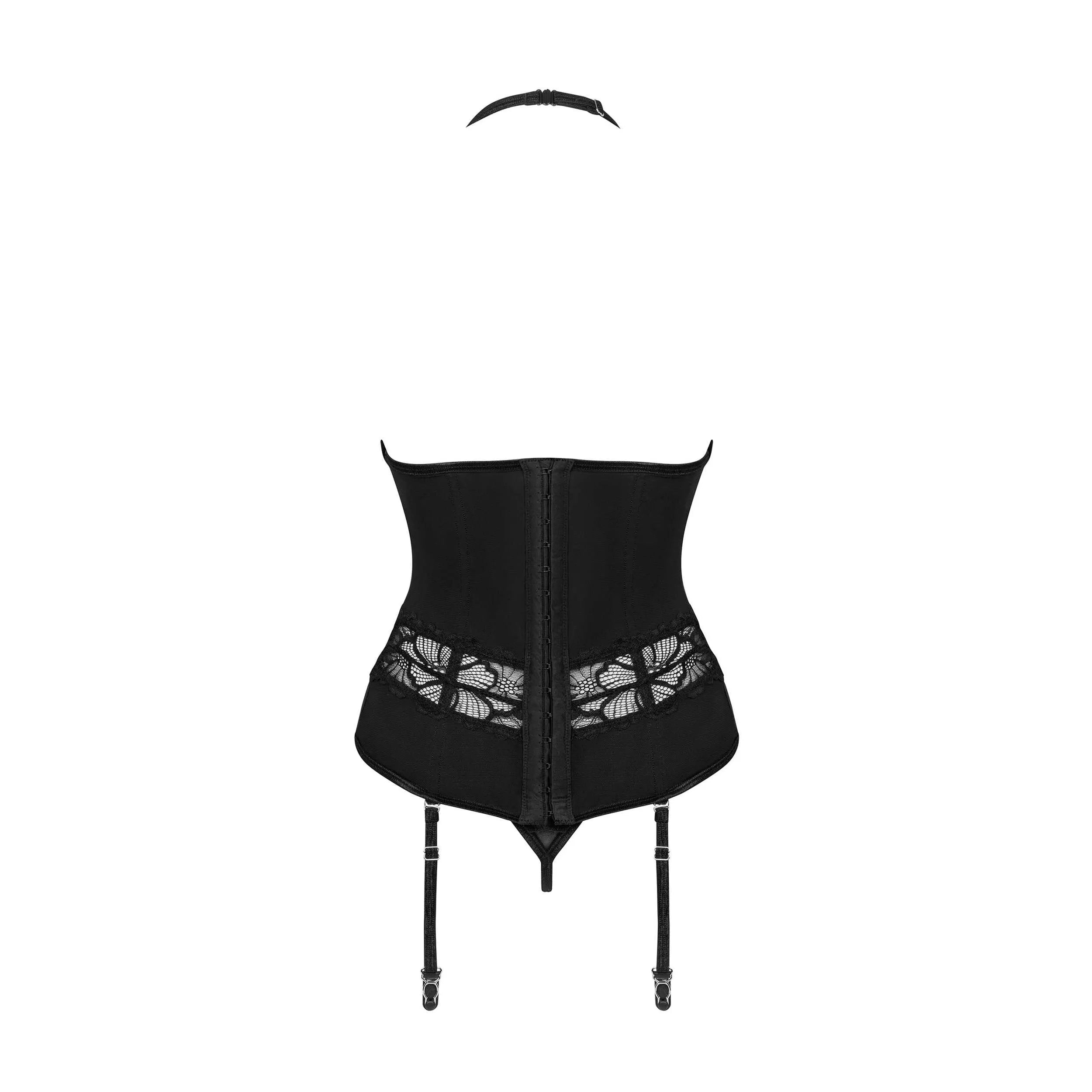Corset string noir Serafia, luxueux et ajustable, avec armatures, porte-jarretelles amovibles et pendentif brillant.