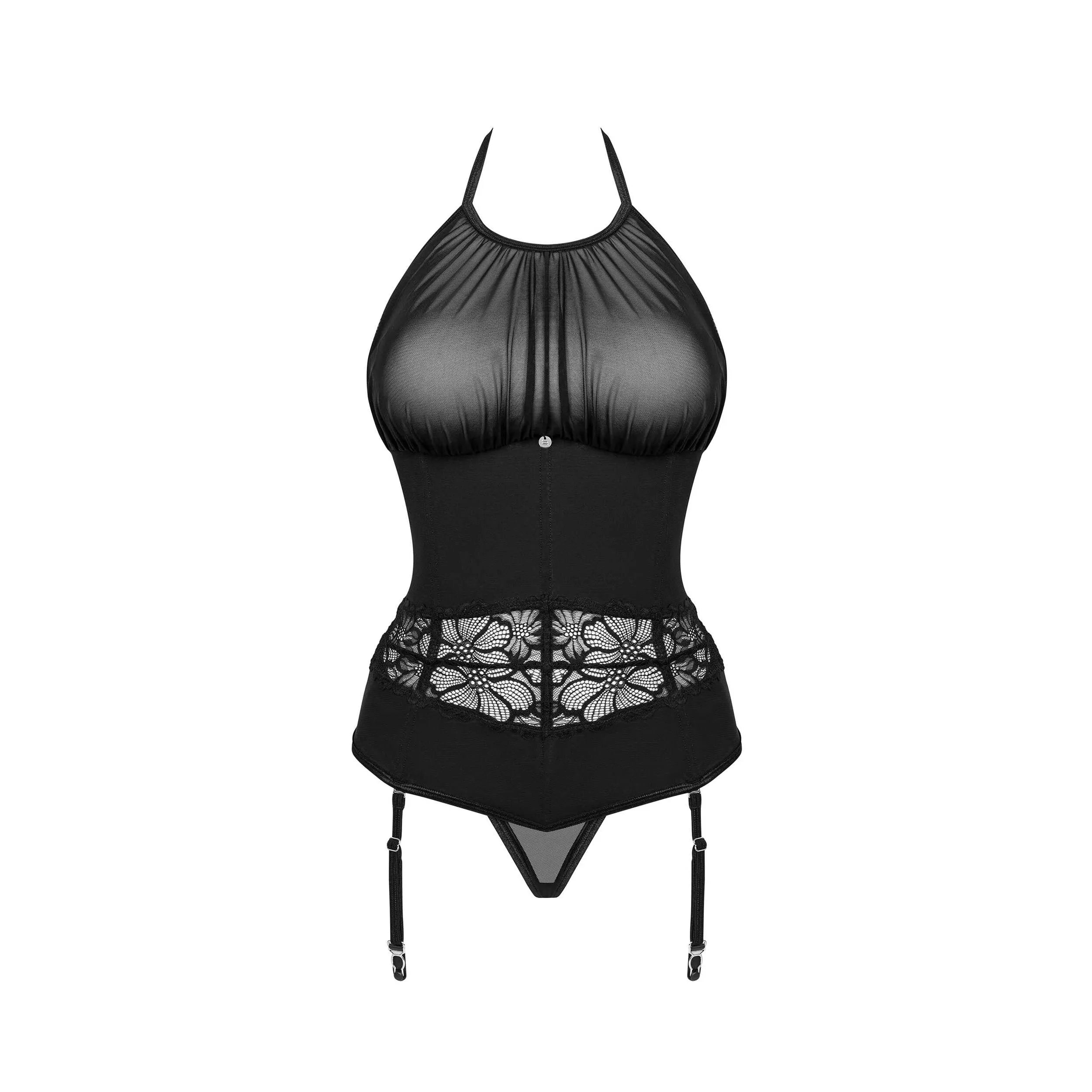 Corset string noir Serafia, armatures, dentelle, bretelles réglables, porte-jarretelles amovibles, pendentif brillant.