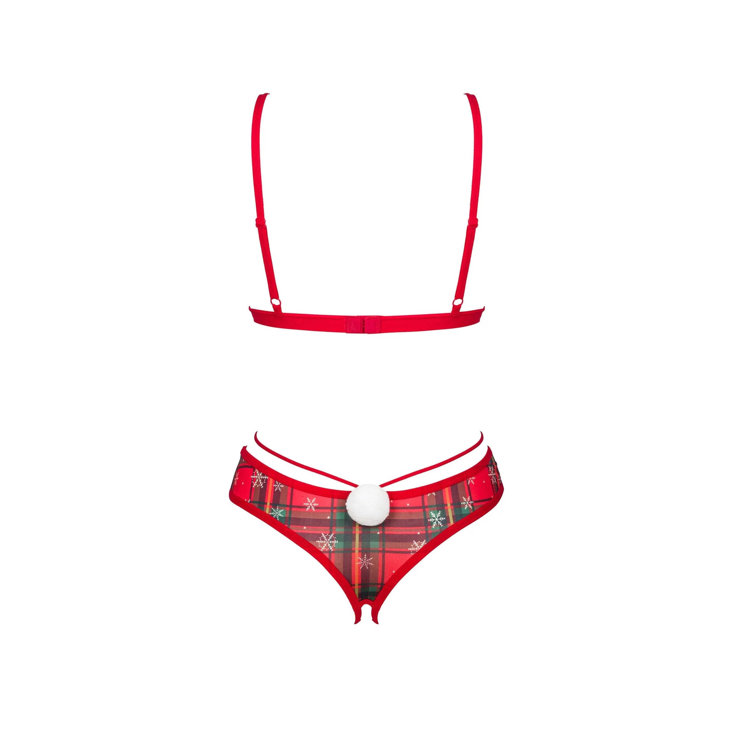 Ensemble lingerie rouge Noël, bretelles réglables, pendentif doré, confort doux, tailles XS-L, style élégant et festif.