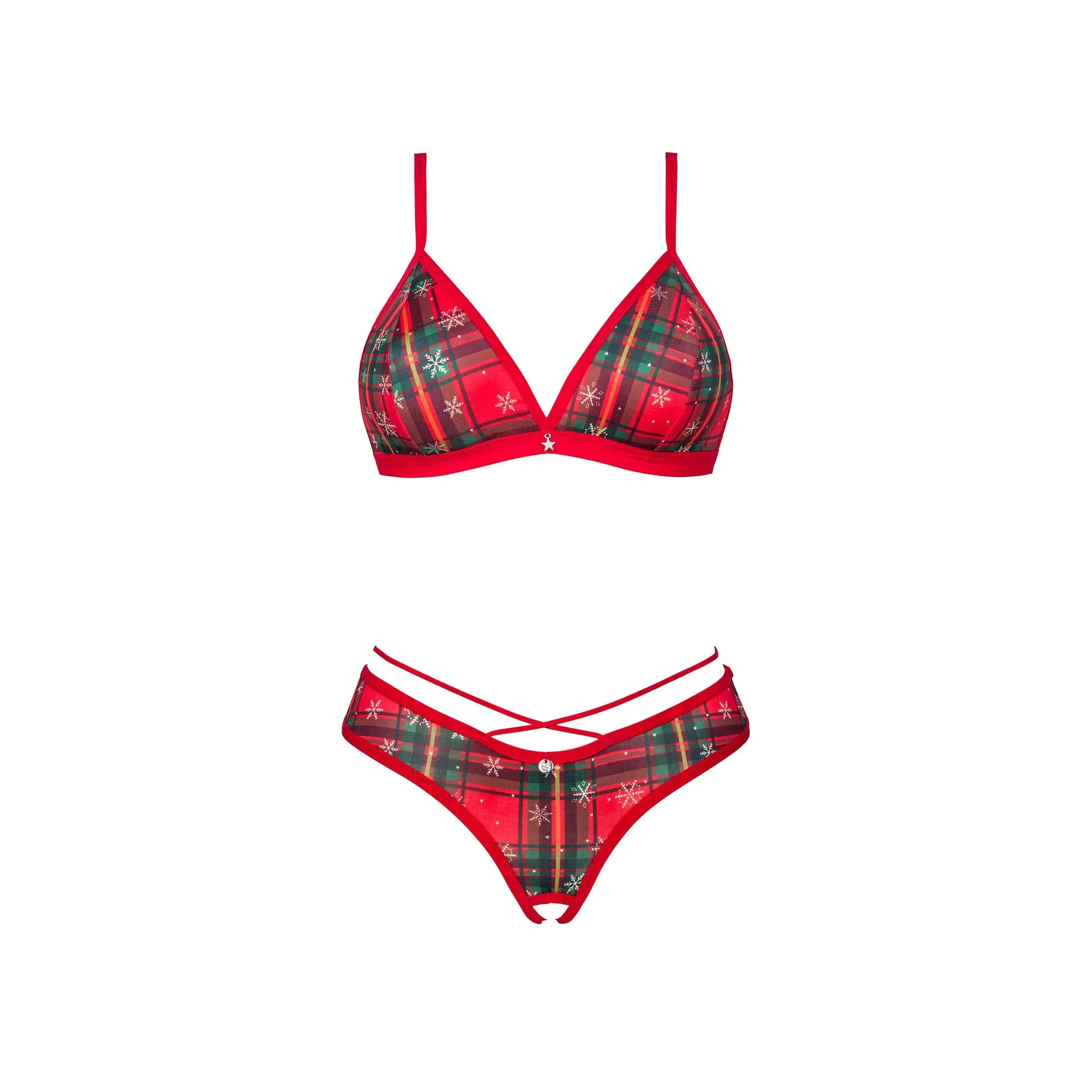 Ensemble lingerie rouge festif Noël avec bretelles réglables, pendentif doré, tissu doux et extensible, tailles XS à L.