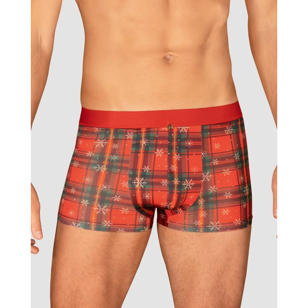 Boxer rouge homme Noël, nœud papillon, pendentif or, motif festif, élégant, ajusté, élasthanne, polyamide.