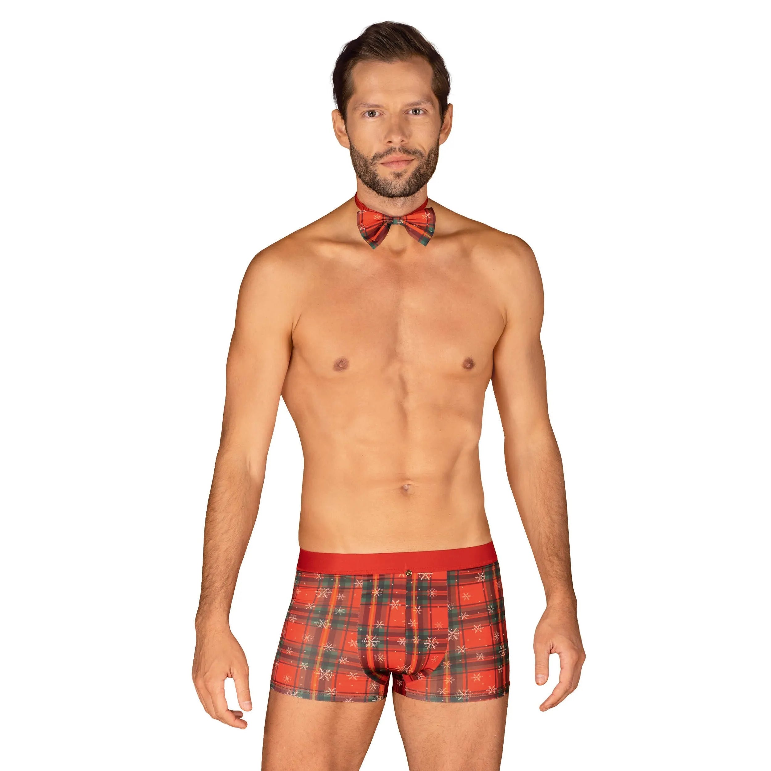 Boxer Noël homme rouge nœud papillon pendentif or élégant festif confortable élasthanne polyamide coupe ajustée cadeau