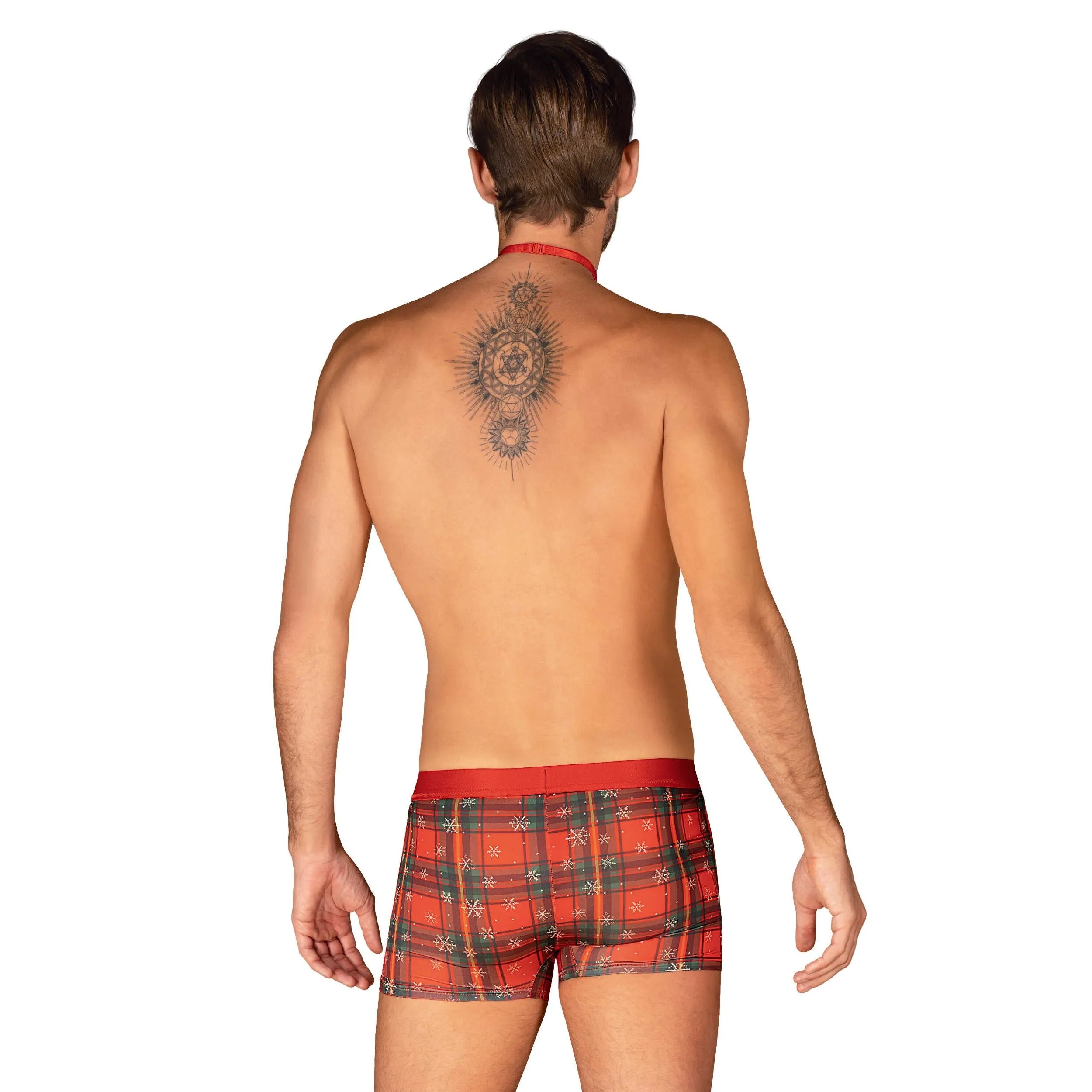 Boxer Noël homme rouge, nœud papillon, pendentif or, motif festif, coupe ajustée, élégant et confortable.