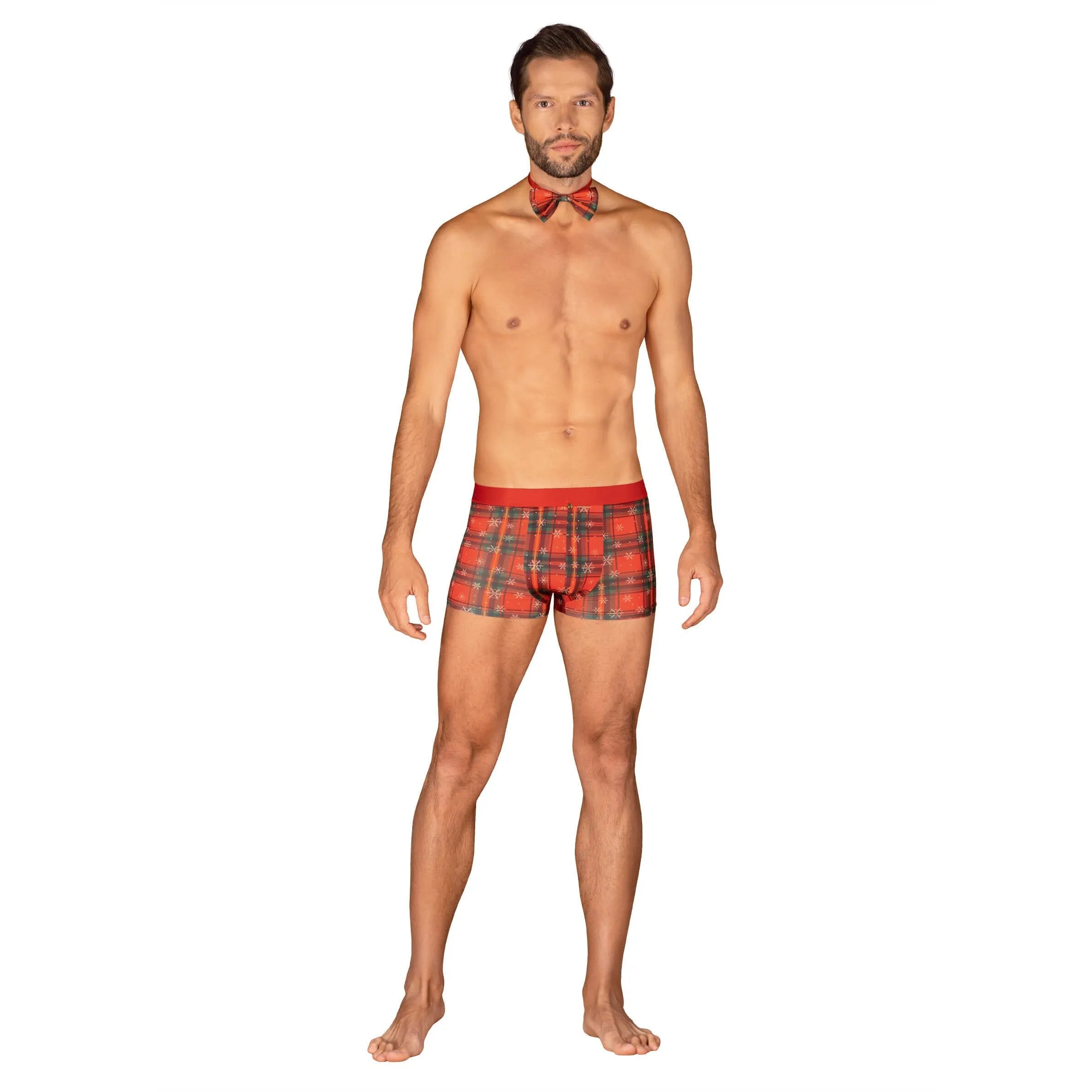 Boxer Noël rouge homme avec nœud papillon, pendentif or, coupe ajustée, motif festif, élégant et confortable.