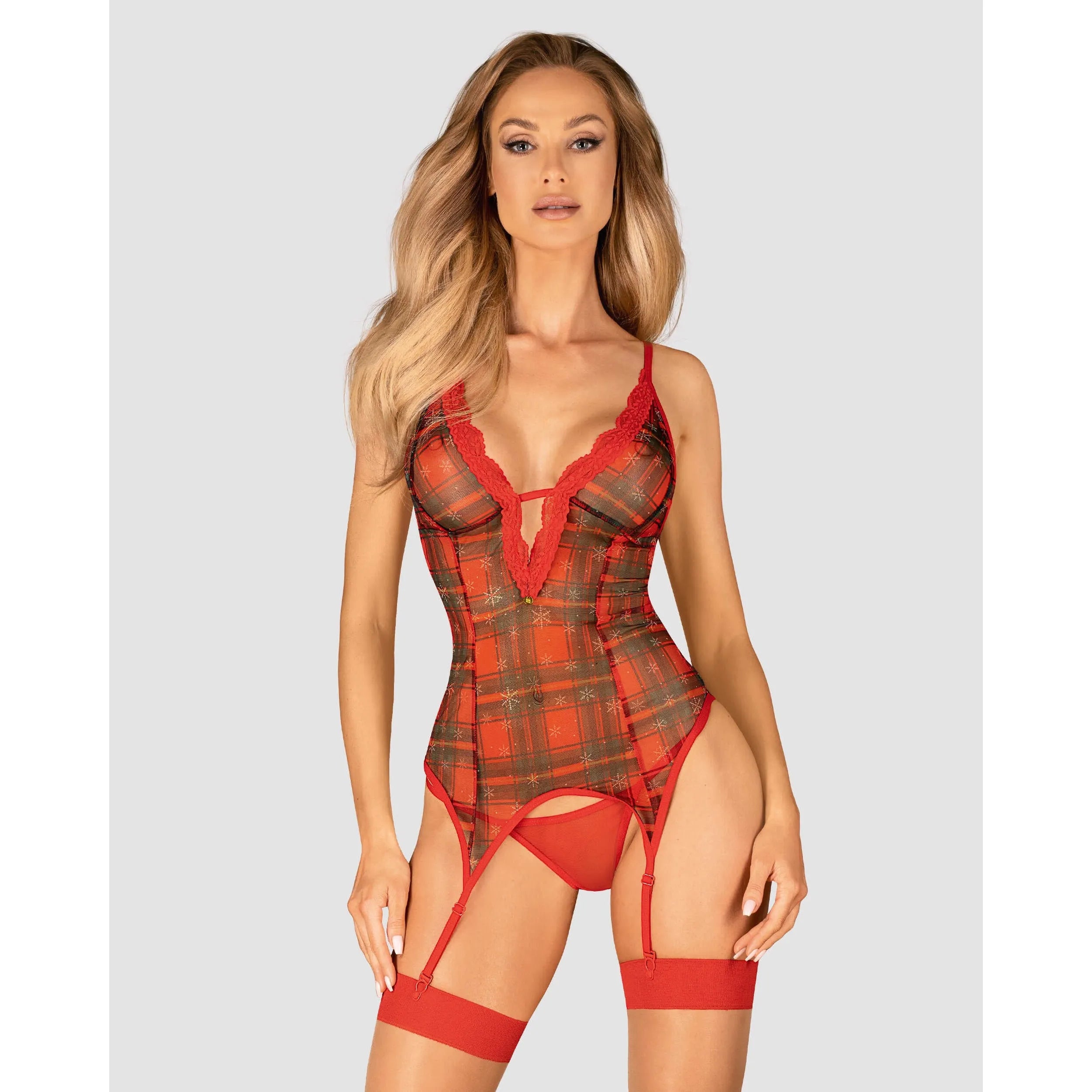 Guêpière rouge Noël en dentelle délicate, pendentif doré, bretelles réglables, tissu élastique, silhouette glamour.