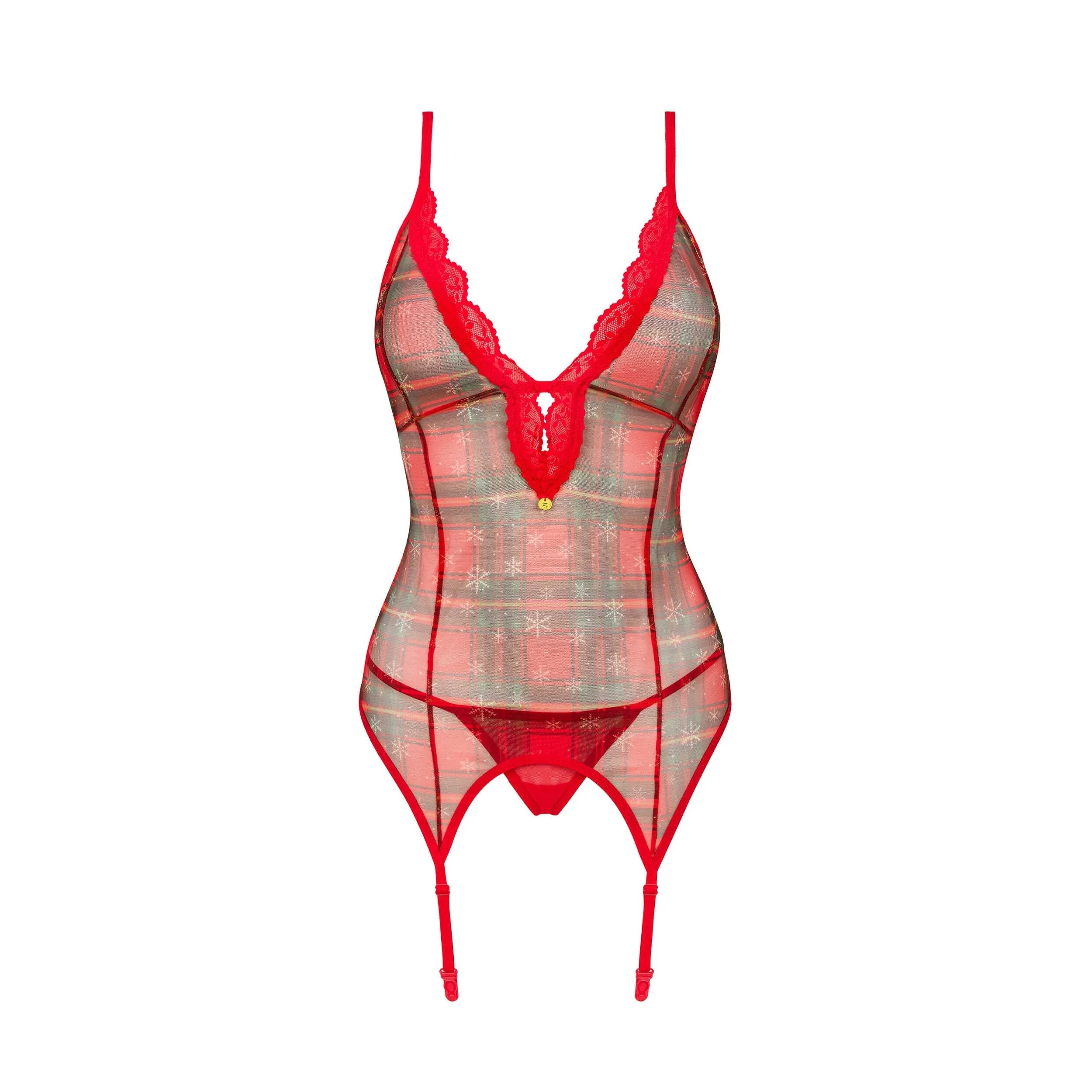 Guêpière rouge Noël en dentelle délicate, pendentif doré, bretelles réglables, tissu élastique, silhouette glamour.