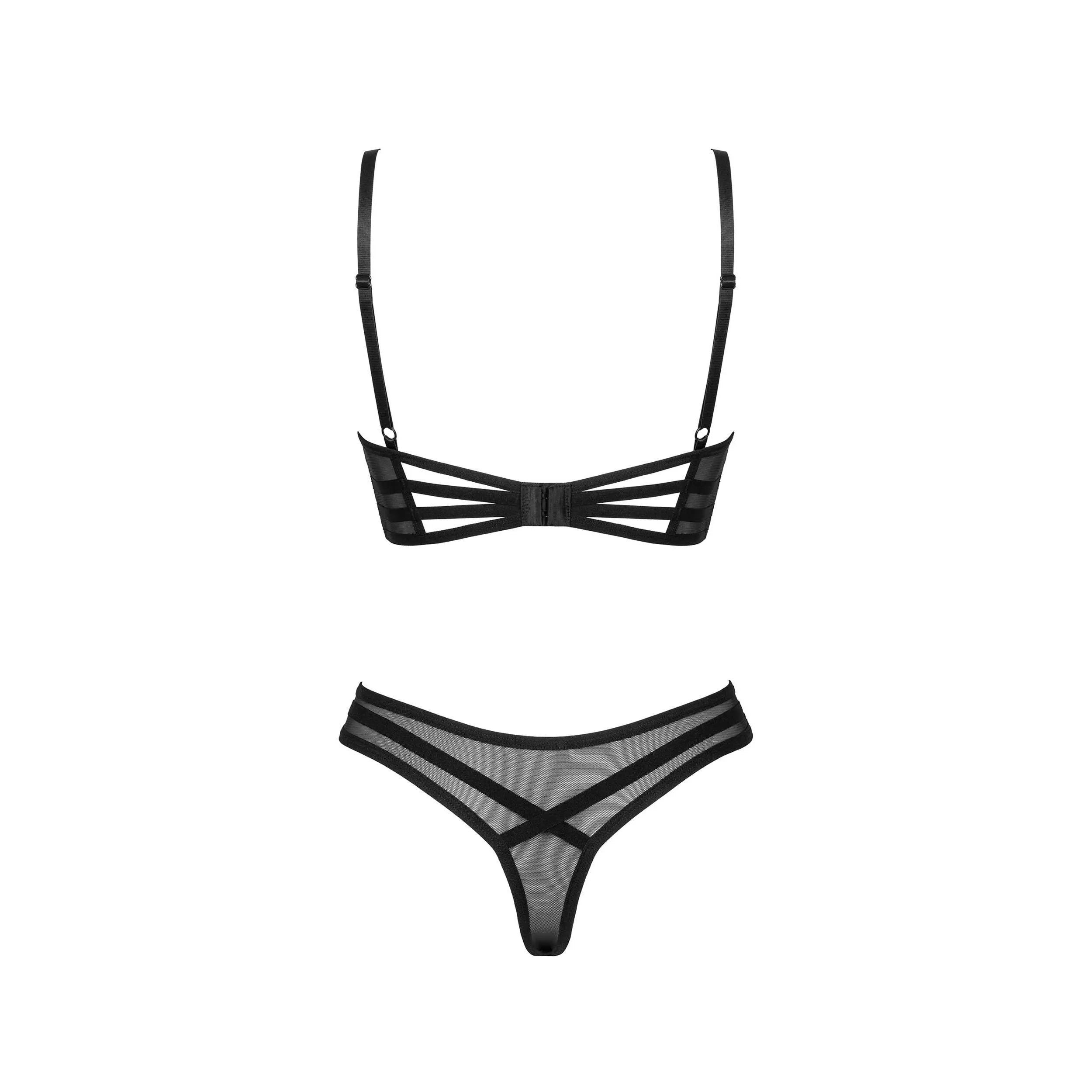 Ensemble lingerie noir ouvert, mesh transparent, pendentif argent, bretelles réglables, armatures, style sensuel et audaci...