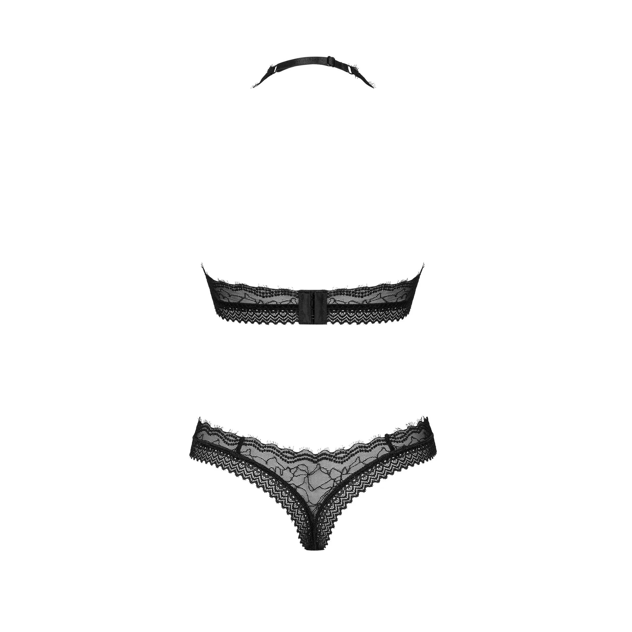lingerie noire dentelle sexy bretelles réglables confort douceur soutiengorge bonnets renforcés maintien string pendentif argent matières polyamide élasthanne