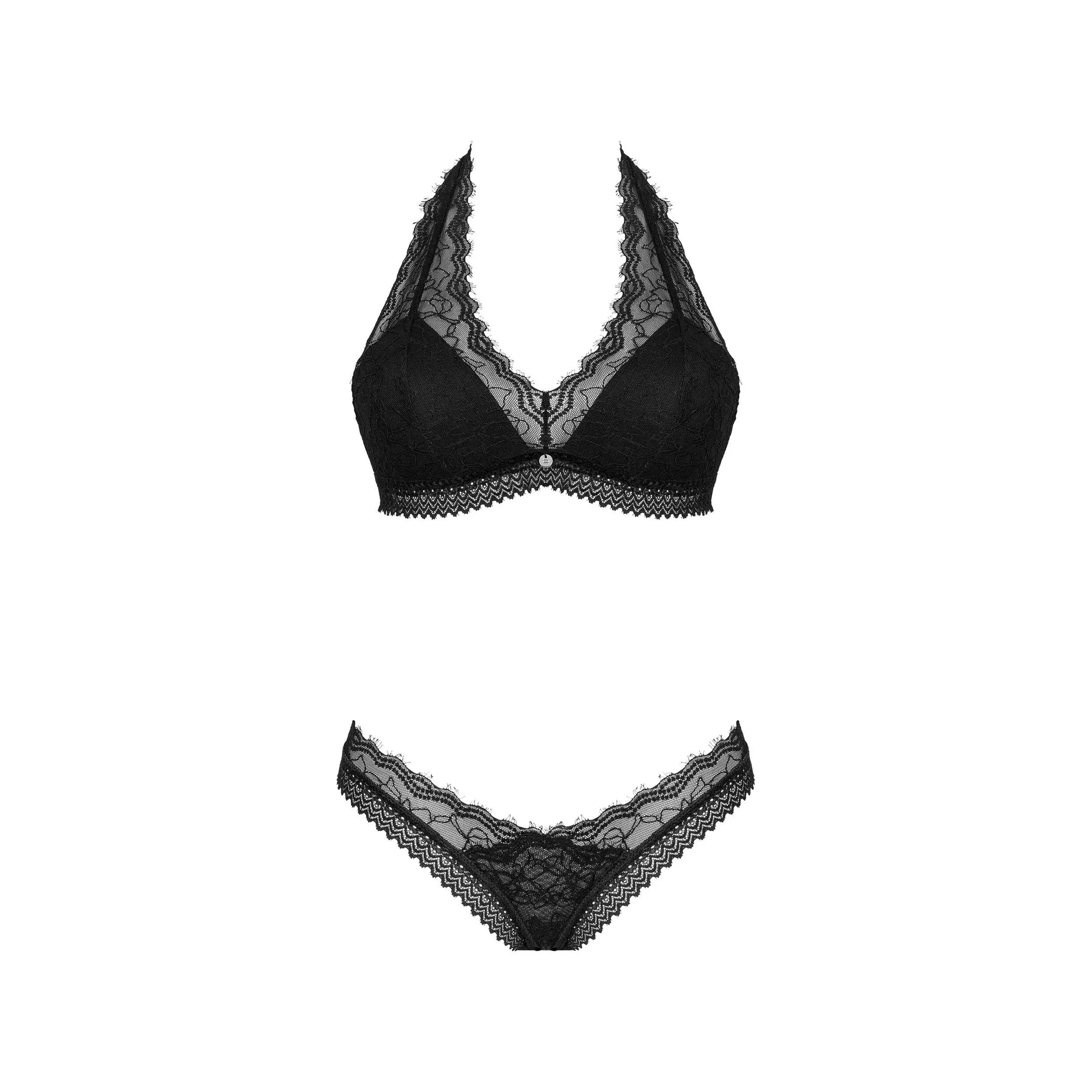 lingerie noire dentelle sexy bretelles réglables confort douceur soutiengorge bonnets renforcés maintien string pendentif argent matières polyamide élasthanne