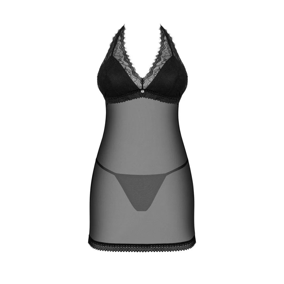 nuisette noire dentelle dos nu ajustable confortable élégante sensuelle transparente douce bretelles réglables pendentif argent bonnets renforcés maintien sublimant
