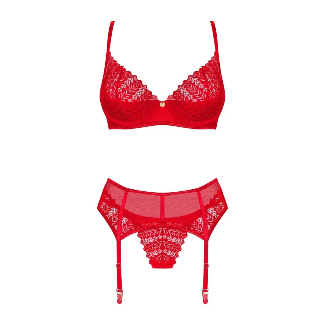 Ingridia ensemble lingerie rouge trois pièces sexy dentelle ajustable pendentif brillant rembourré armatures soutien gorge porte jarretelles tanga bretelles réglables