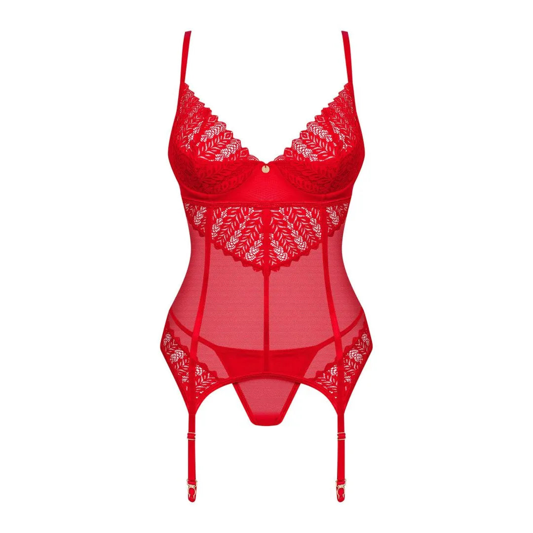 Ingridia corset string rouge intense dentelle portejarretelles ajustable séduisant glamour sexy maintien armatures bretelles réglables laçage arrière bonnets rembourrés confortable
