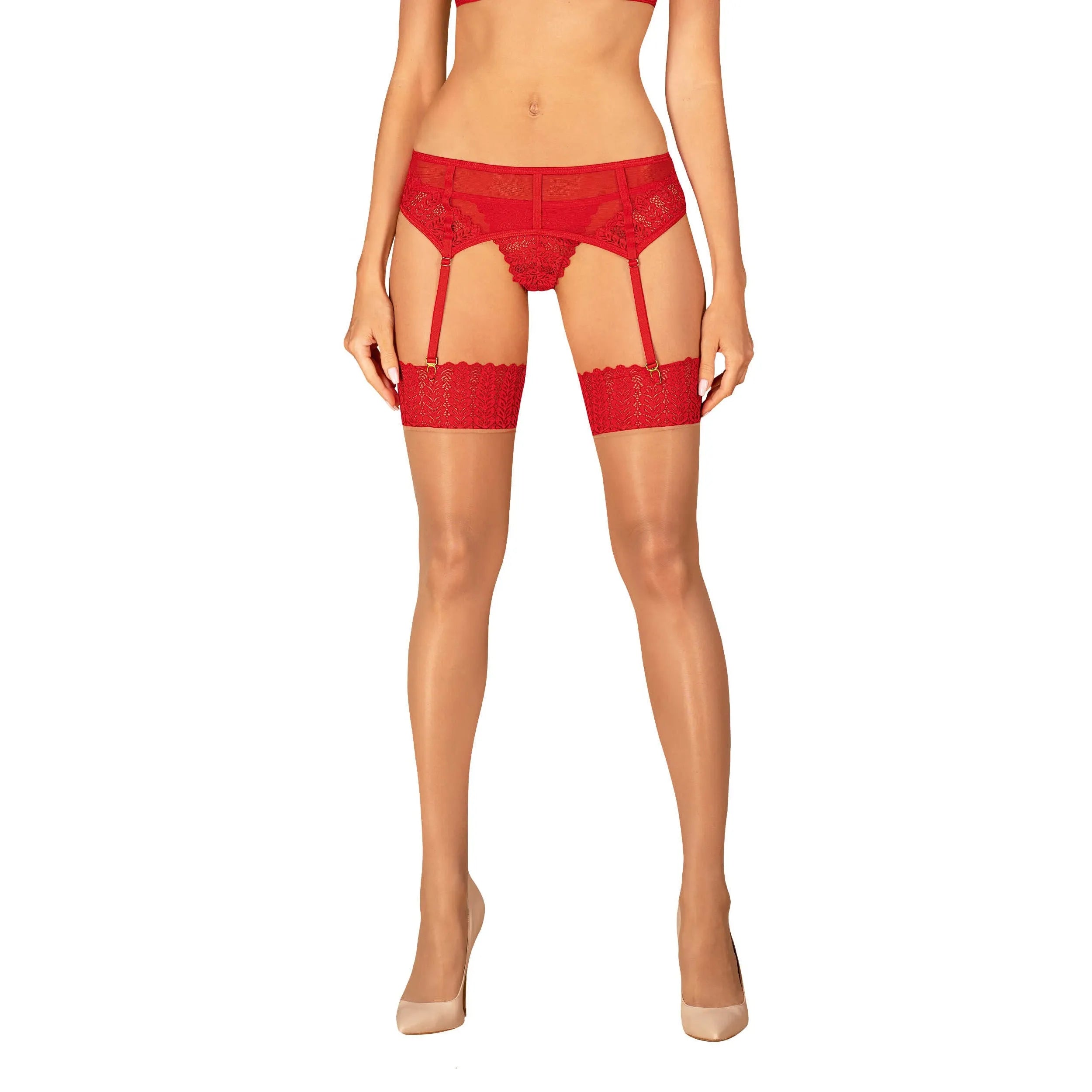 bas sexy beige dentelle rouge finition sophistiquée jambes affinées non autoportants grande élasticité confort transparence polyamide élasthanne tailles multiples