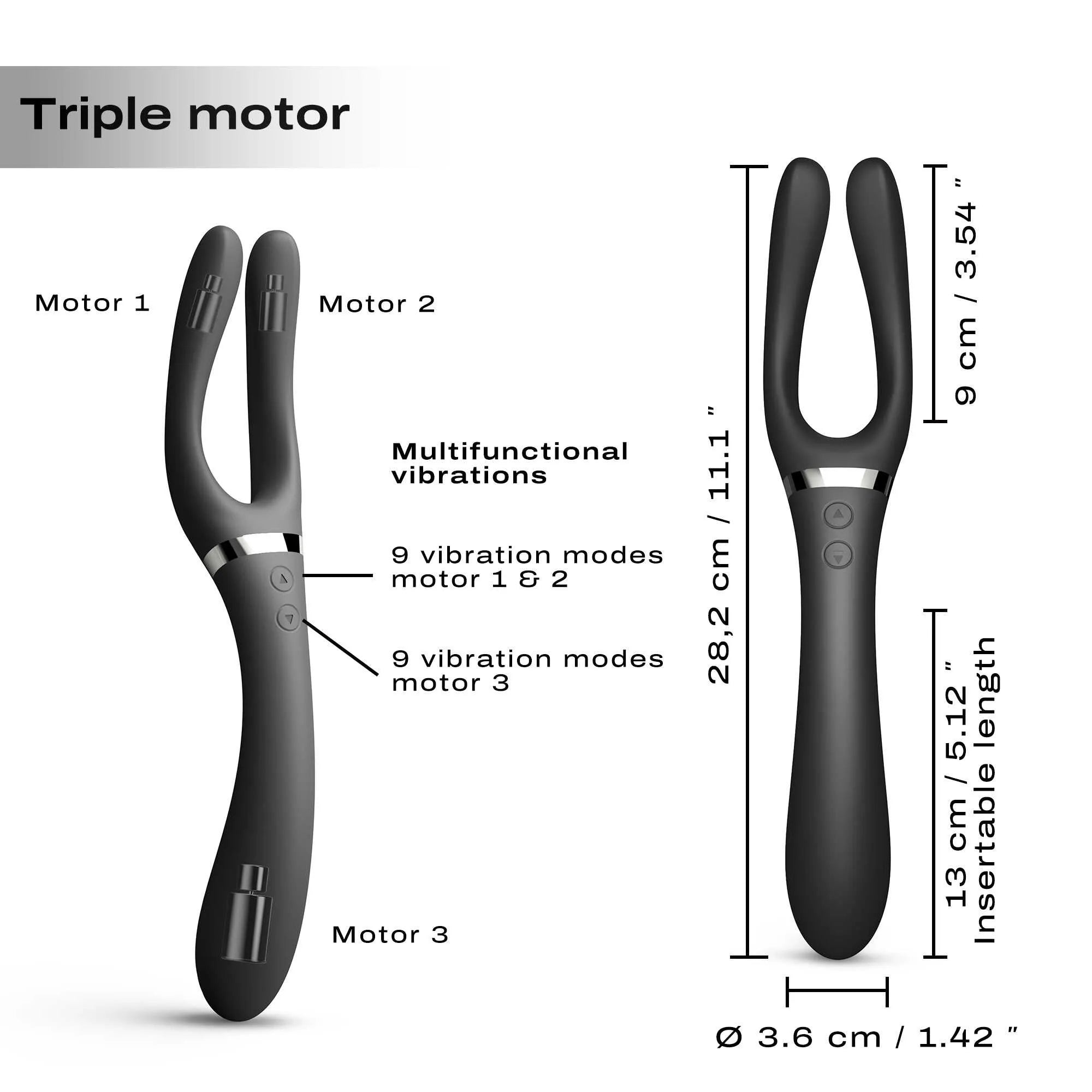 Vibromasseur Infinite Joy Noir bras pliable 360 triple moteur waterproof rechargeable silicone