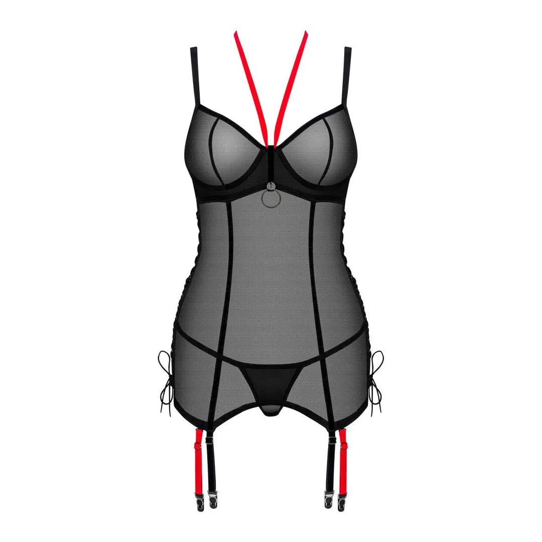 Corset string noir transparent, accents rouges, jarretelles détachables, bretelles réglables, design élégant et séduisant.