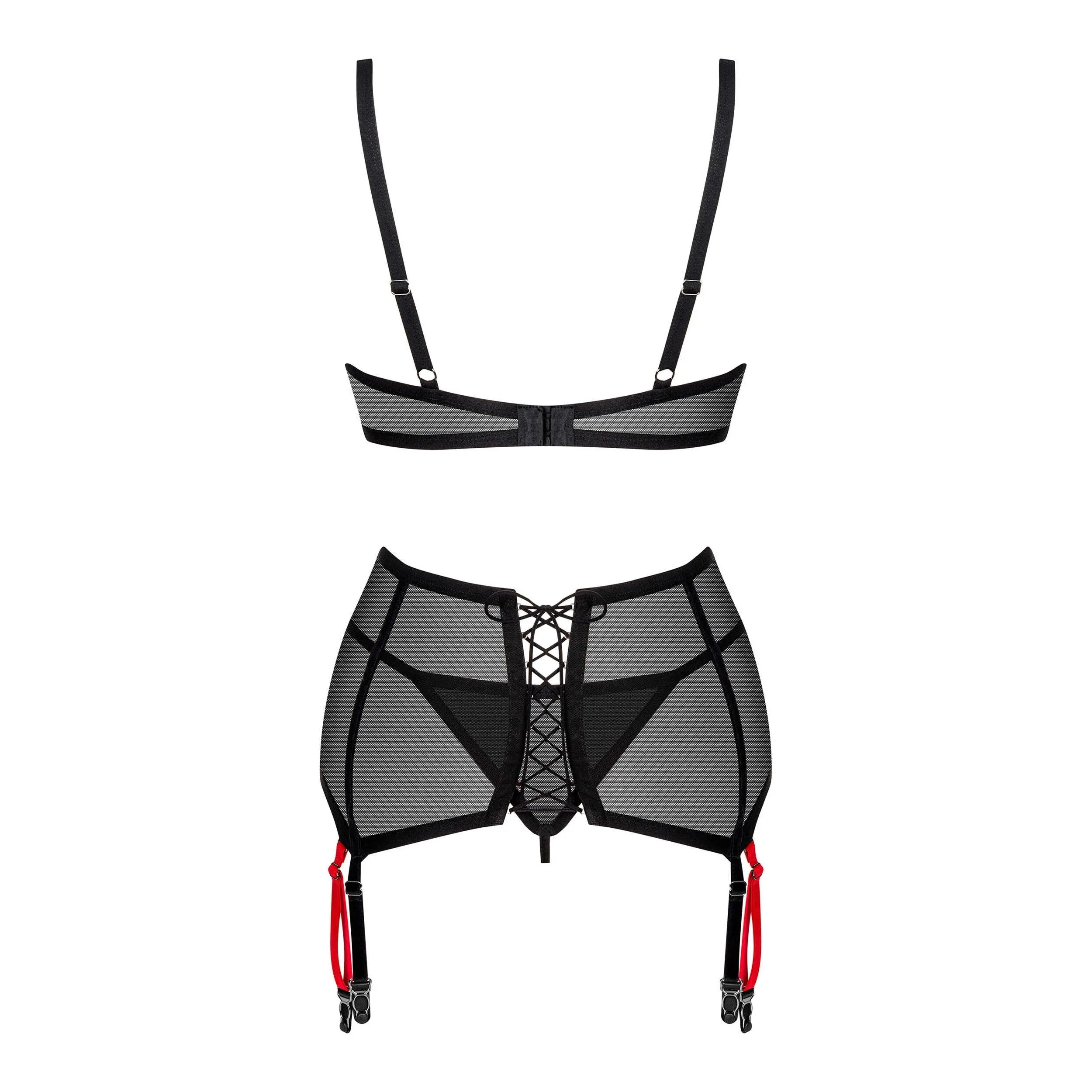 Ensemble lingerie rouge noir sexy en velours transparent avec soutien-gorge rembourré, jarretelles ajustables et armatures.