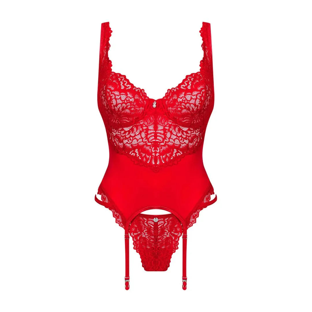 Guêpière string rouge intense en dentelle, bretelles réglables, bonnets à armatures, laçage subtil, pendentifs élégants.