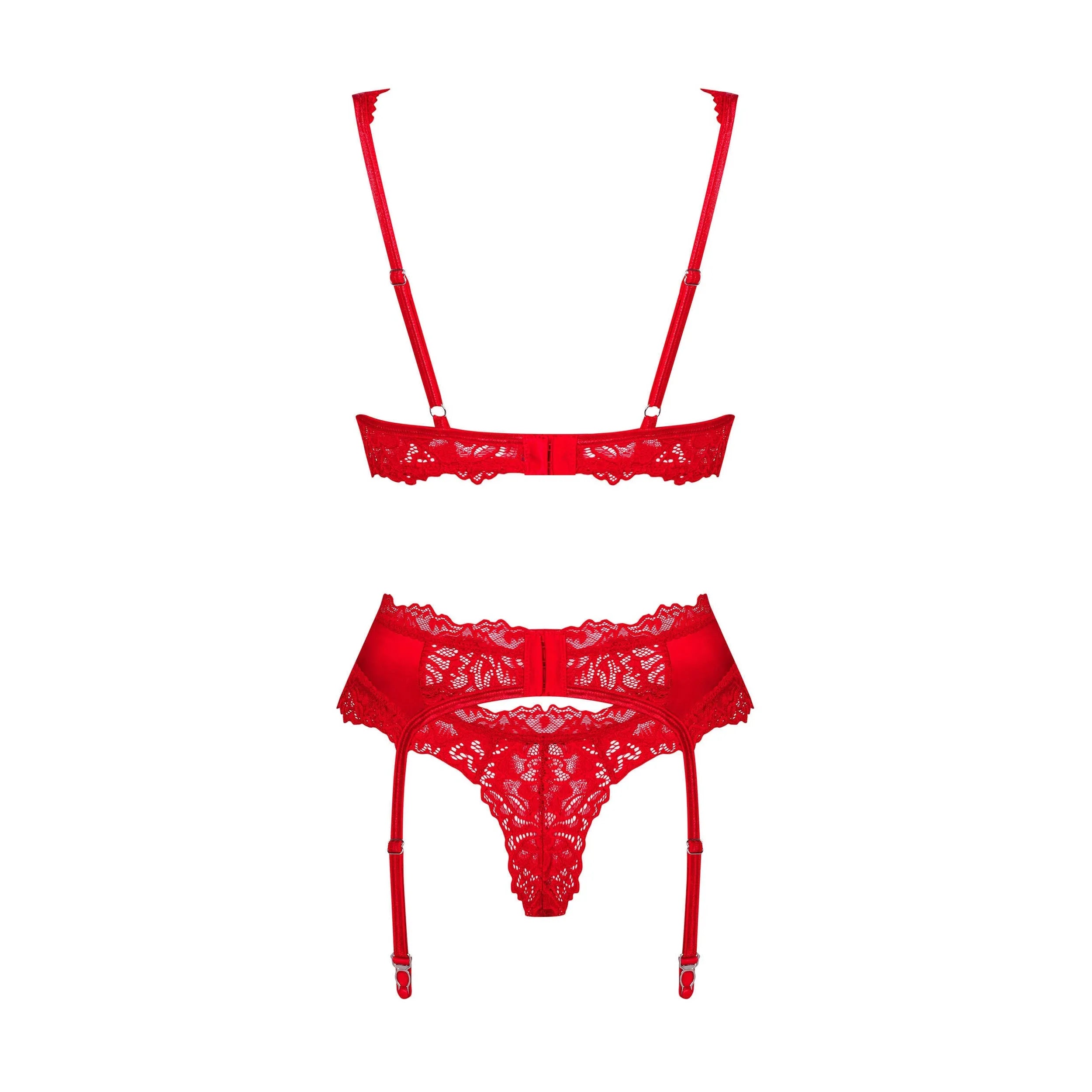 Ensemble lingerie rouge dentelle avec porte-jarretelles, soutien-gorge à armatures, string, bretelles réglables.