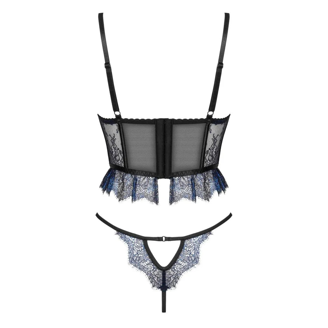 Ensemble lingerie noir en tulle et dentelle saphir métallisée avec corset à baleines et culotte, bretelles réglables.
