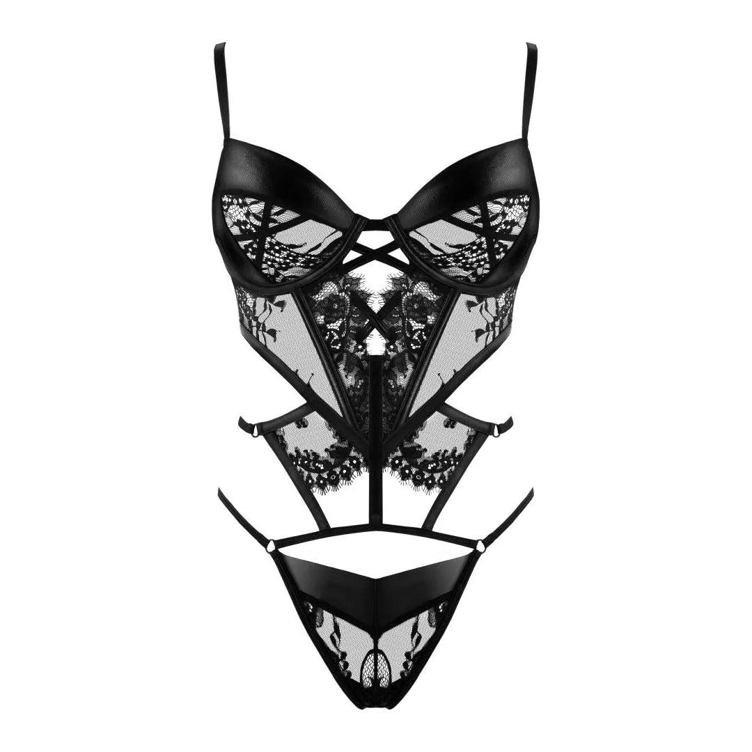 Body Leonela noir en dentelle, polyester élasthanne, coupe flatteuse, élégant et sculptant, tailles S/M L/XL.