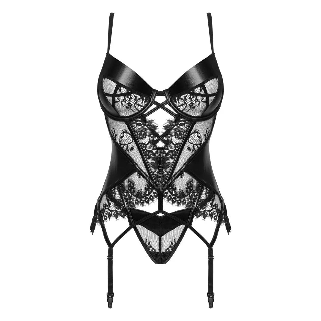 Corset noir érotique en dentelle effet mouillé, inserts triangulaires, fixation crochets, tailles S/M L/XL, silhouette aff...