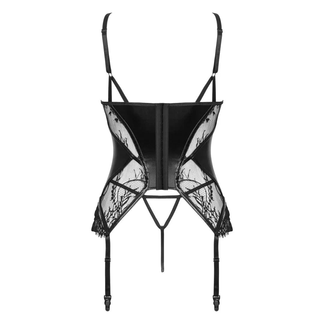 Corset noir dentelle effet mouillé, inserts triangulaires, fixation crochets, tailles S à XL, silhouette séduisante.