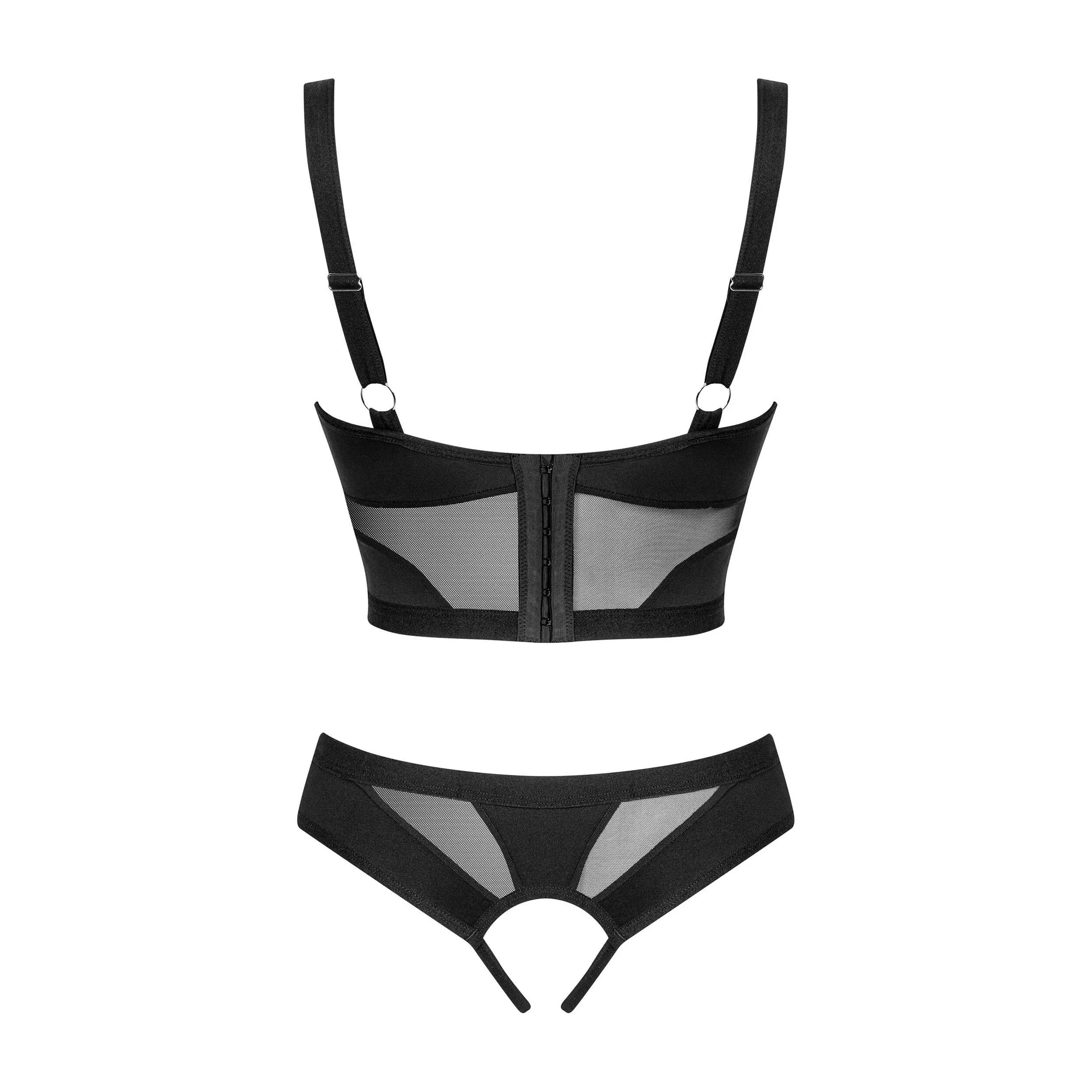 Ensemble lingerie noir ouvert avec découpes géométriques, soutien-gorge et string, bretelles ajustables, pendentif brillant.