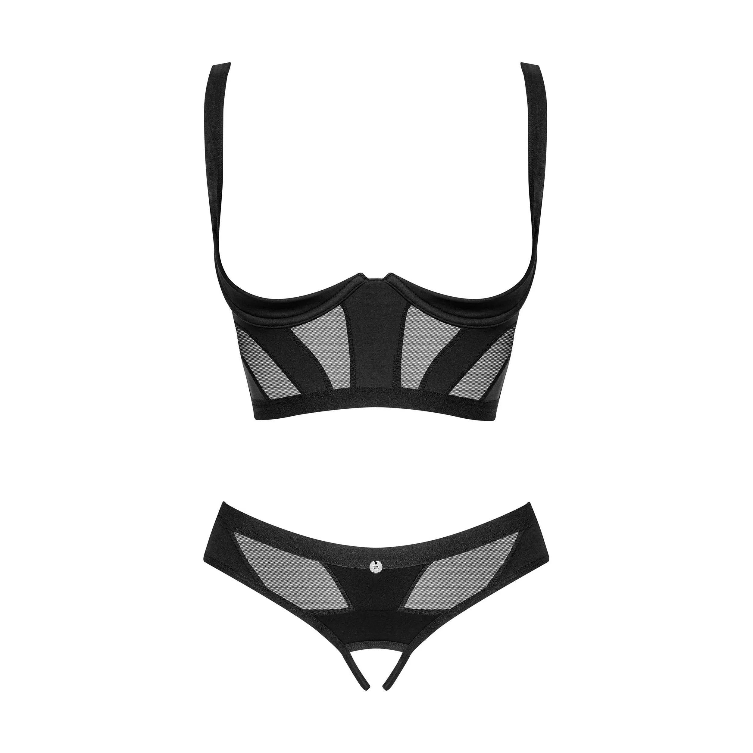 Ensemble lingerie noir ouvert avec découpes géométriques, soutien-gorge et string ajustables, pendentif brillant.