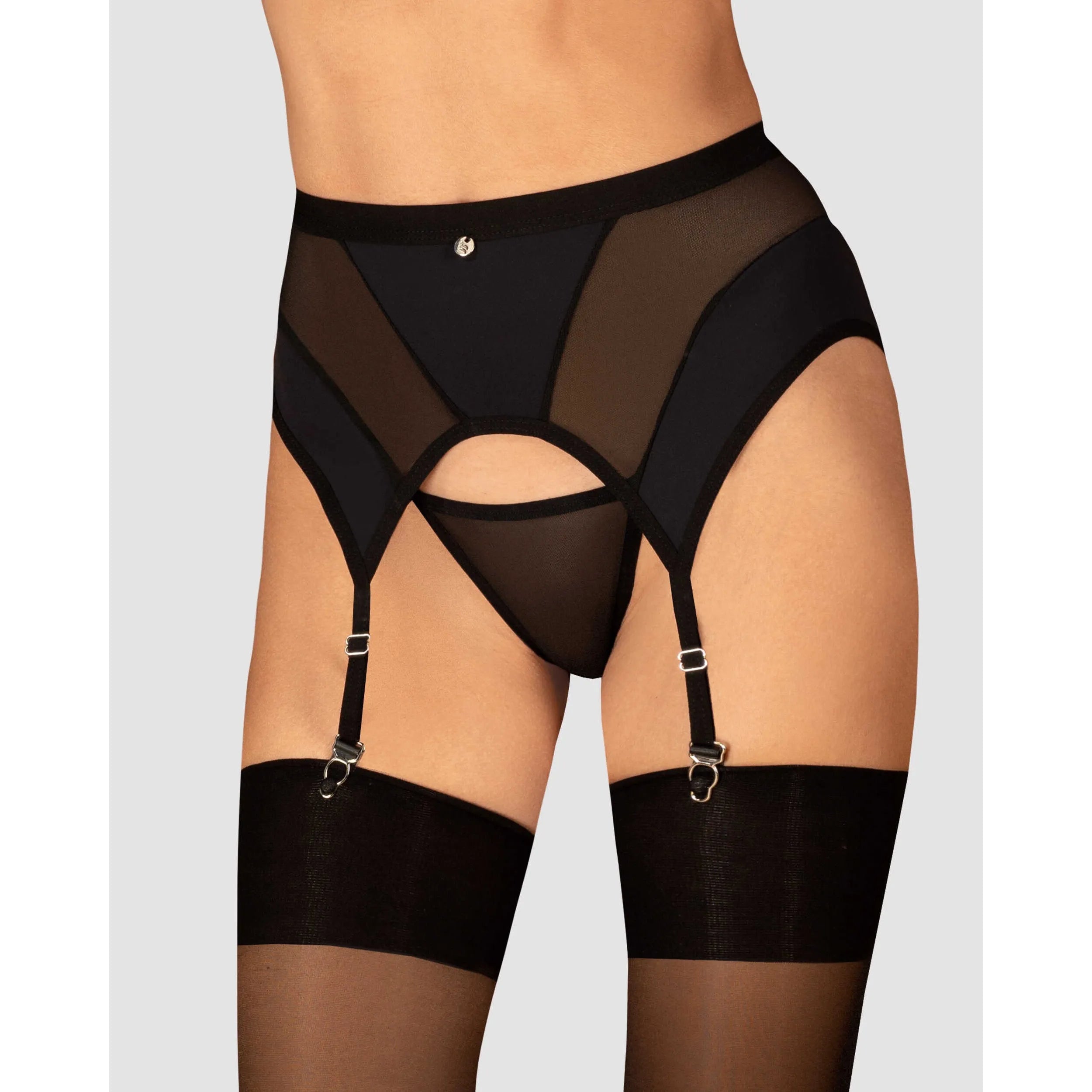Porte-jarretelles noir Chic Amoria, ajustable, pendentif argent, tissu doux, silhouette sublimée, luxe et confort.