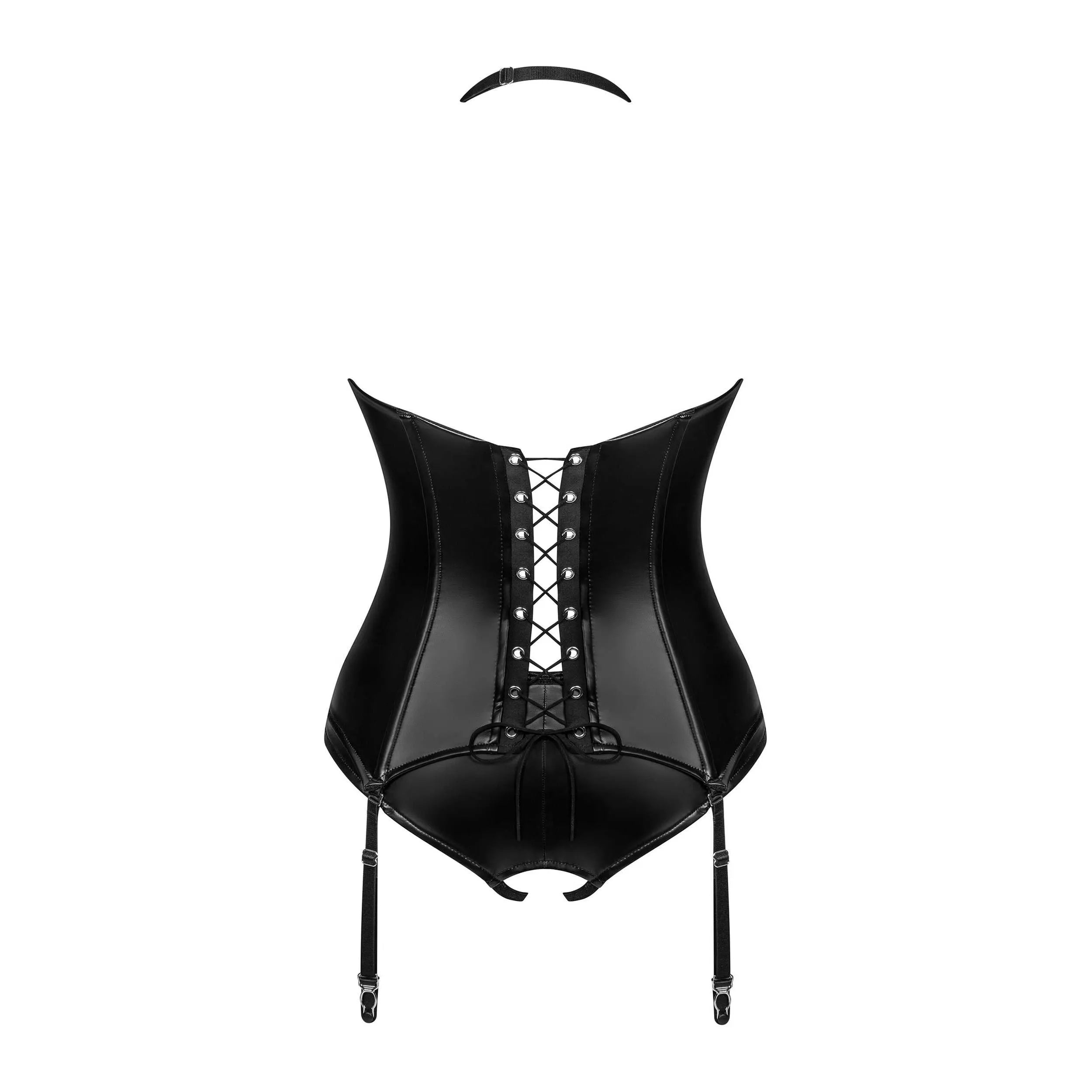 Corset noir brillant entrejambe ouvert, laçage dos, jarretelles amovibles, tissu polyuréthane, style séduisant.