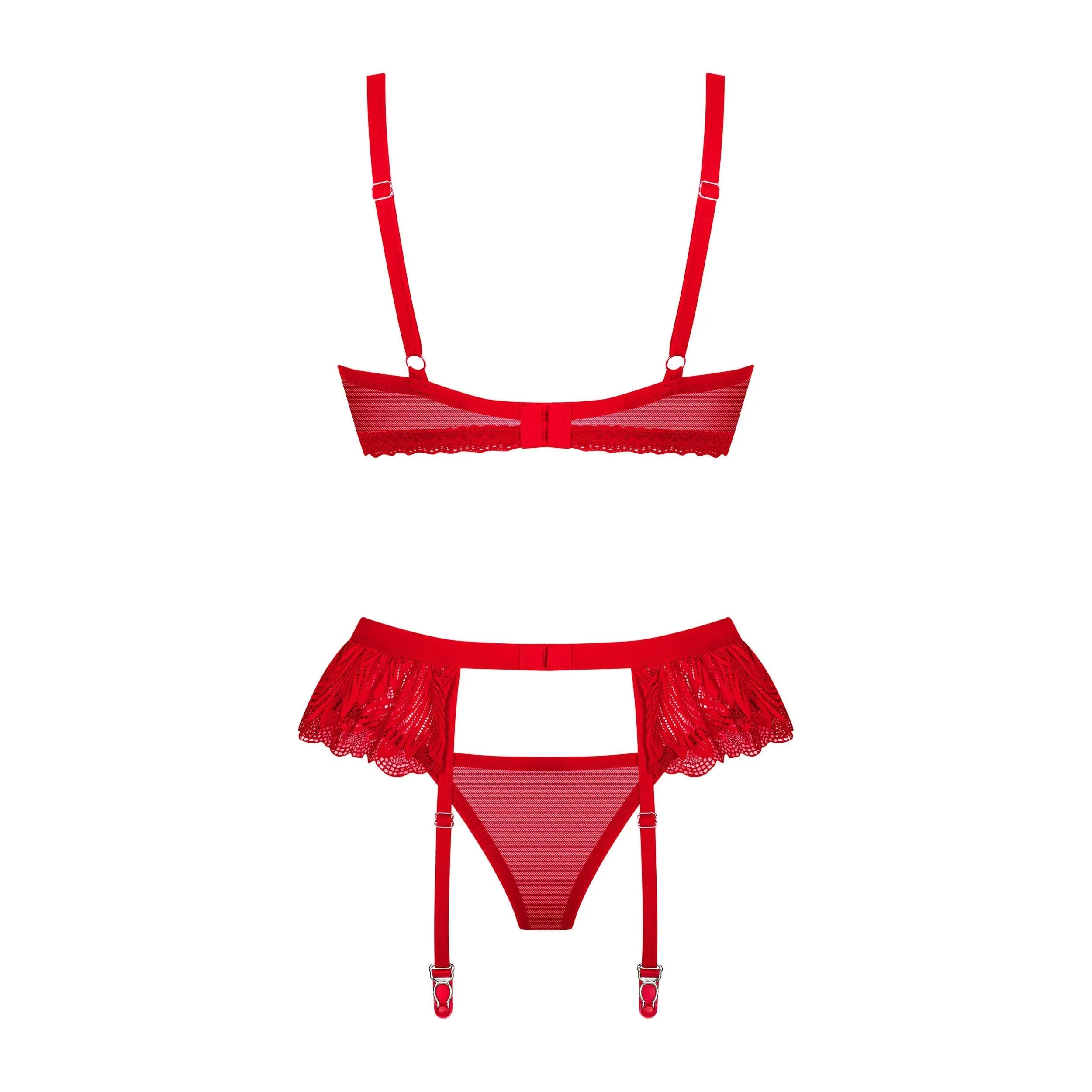 Ensemble lingerie dentelle rouge intense 3 pièces chic, soutien-gorge, porte-jarretelles et culotte, ajustable et élégant.