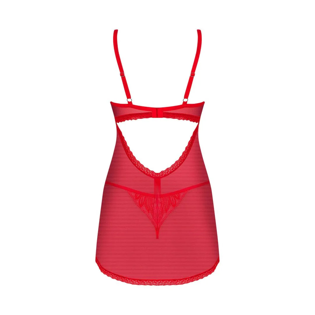 Nuisette rouge dentelle délicate avec bretelles réglables, pendentif cœur, string assorti, design séduisant et confortable.