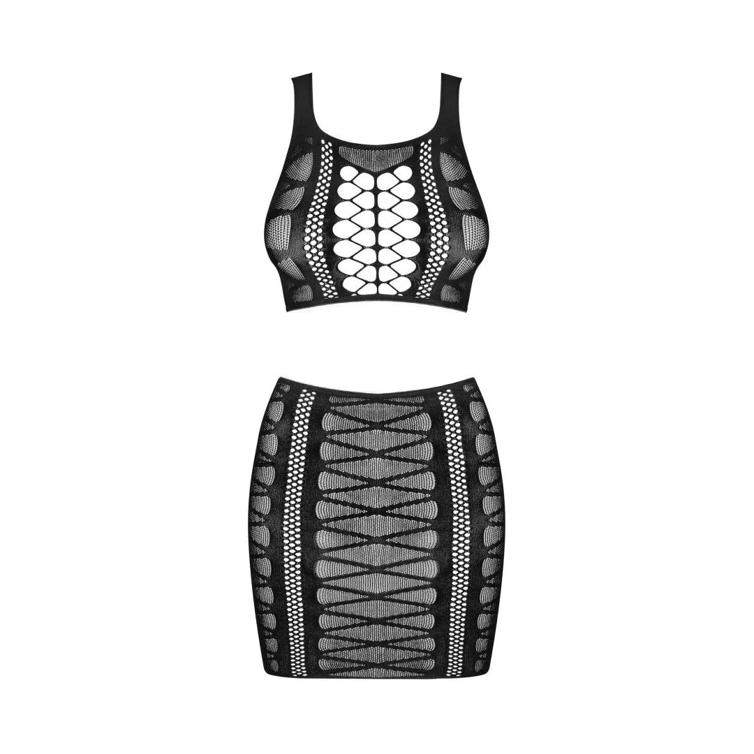 Ensemble jupe top noir sexy découpes ajustées, style élégant et moulant, nylon élasthanne, silhouette féminine.