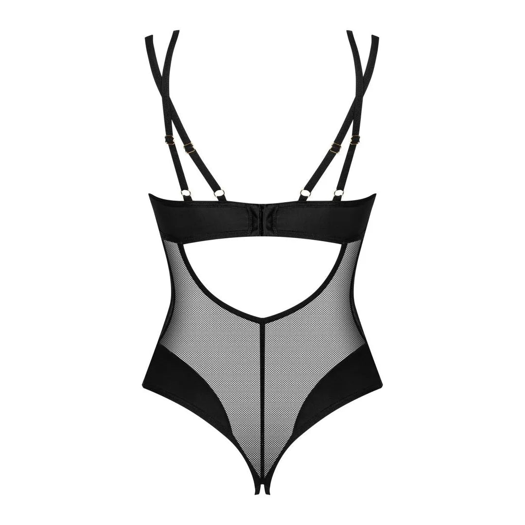 Body noir ouvert sexy en maille transparente avec sangles réglables et pendentif doré, coupe échancrée sculptante.