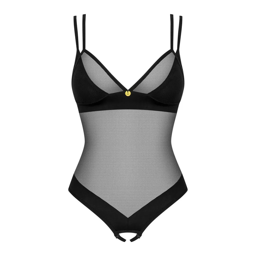 Body noir ouvert en maille transparente avec sangles réglables et pendentif doré, coupe échancrée et ajustement confortable.