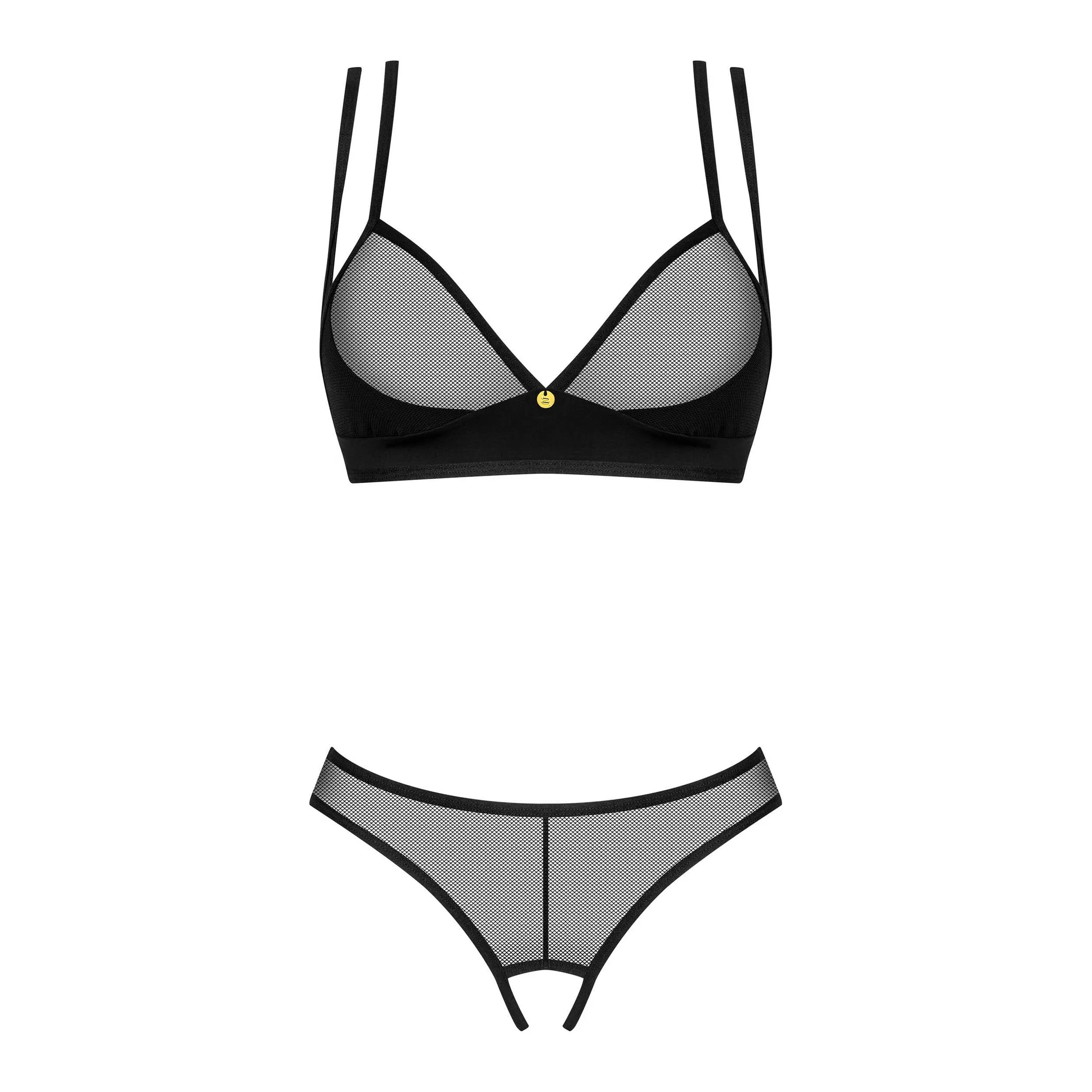 Nesari ensemble ouvert deux pièces noir soutiengorge string pendentif doré réglable sangles transparent lisse sensuel raffiné