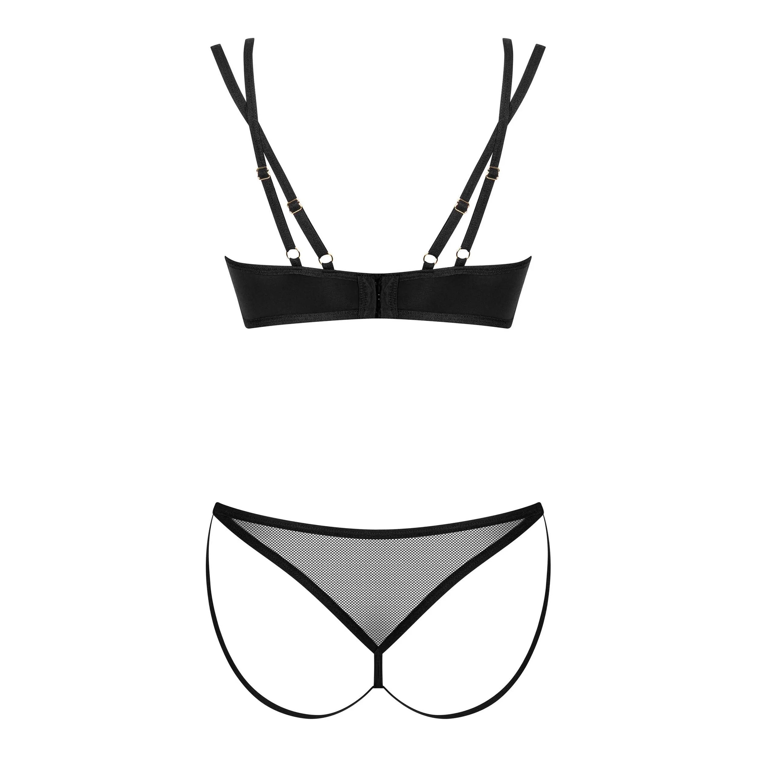Ensemble lingerie noir deux pièces, maille transparente, sangles réglables, pendentif doré, ajustement parfait.
