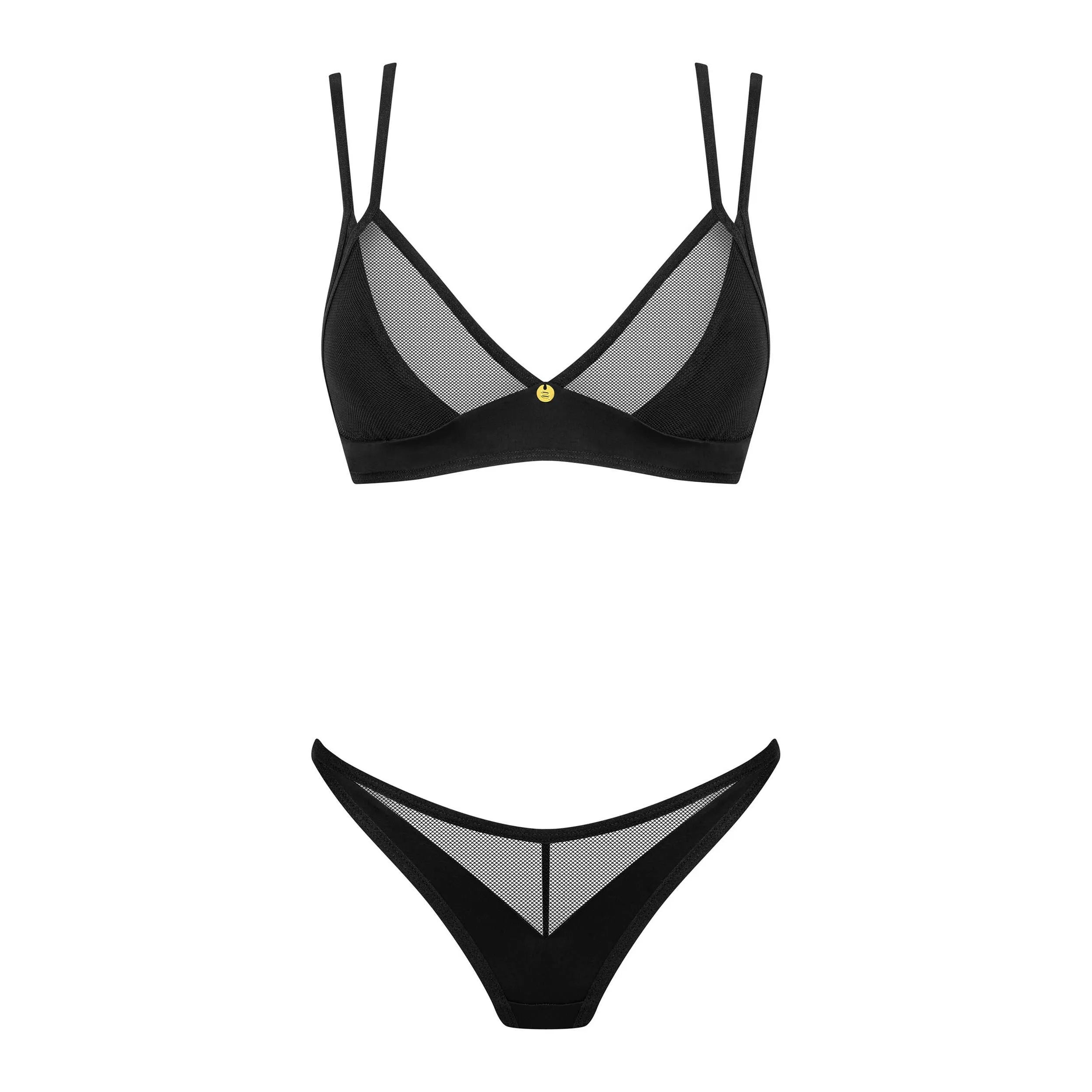 Ensemble lingerie noir deux pièces en maille transparente avec pendentif doré, bretelles réglables, ajustement parfait.