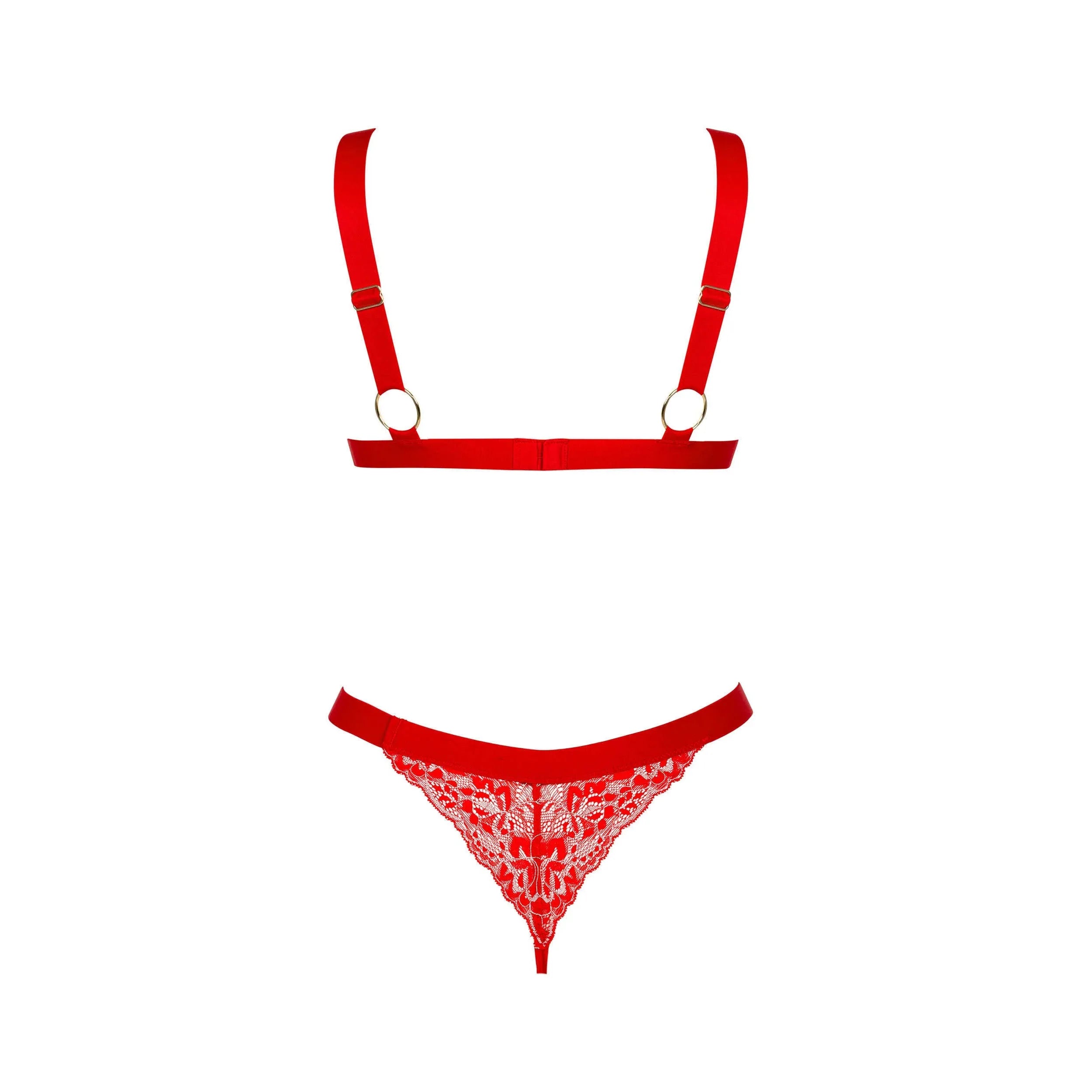 Ensemble lingerie rouge dentelle ajustable, détails dorés, bretelles réglables, pendentif cœur brillant, confort sensuel.