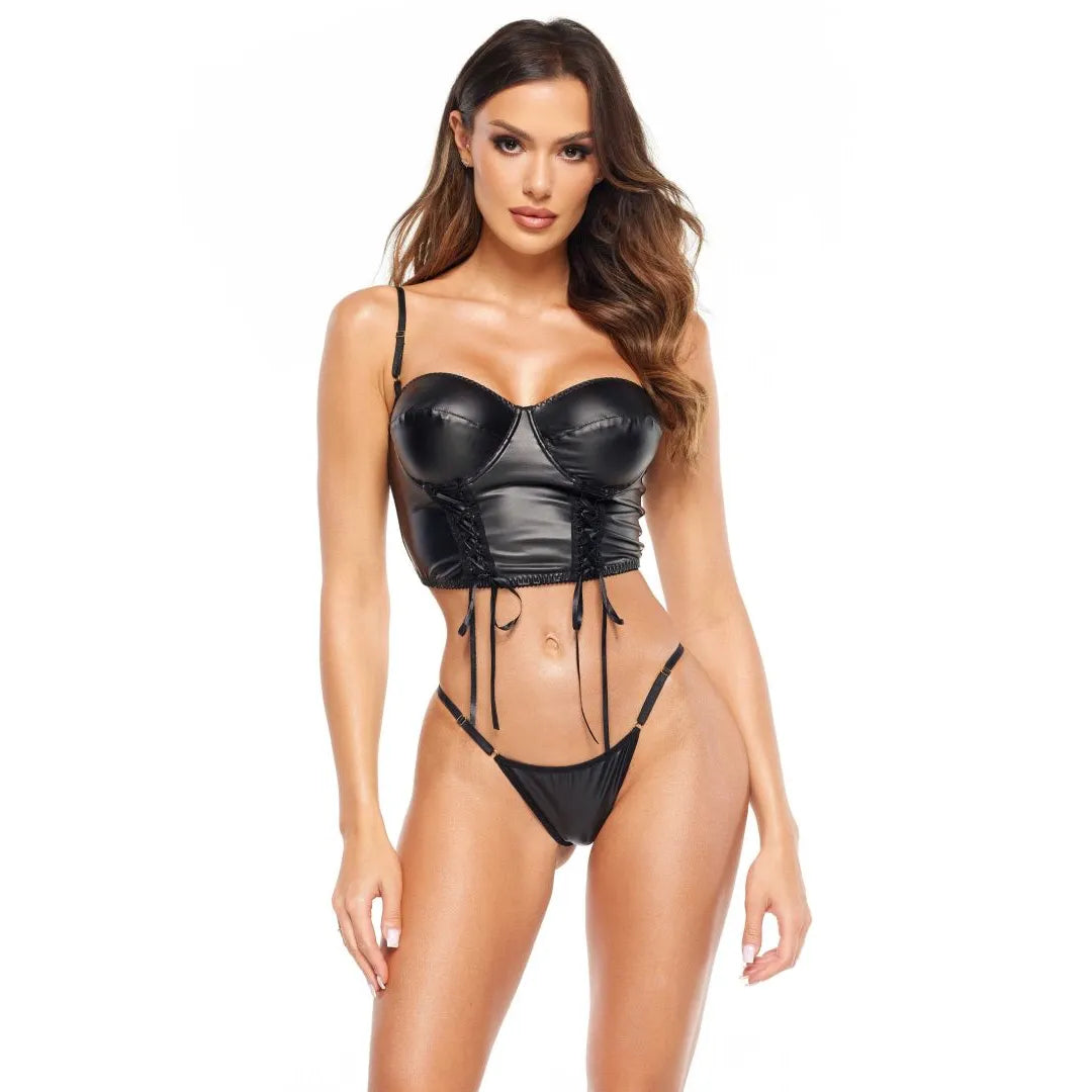 ensemble sexy effet brillant noir corset laçage ajustable bretelles réglables culotte sculptant maintien désossage extensible glamour