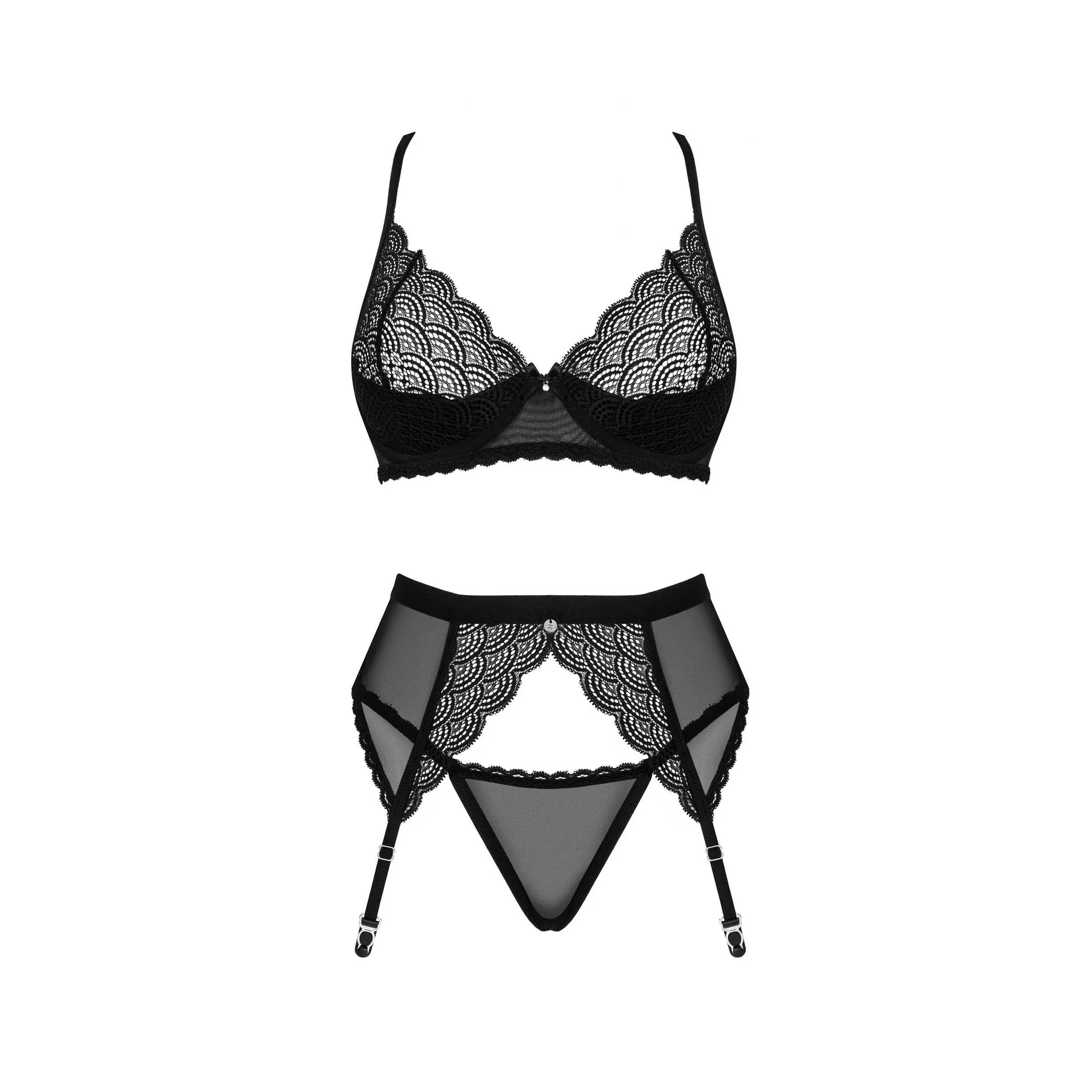 Ensemble lingerie noir 3 pièces dentelle avec porte-jarretelles, soutien-gorge rembourré et string, élégant et sensuel.