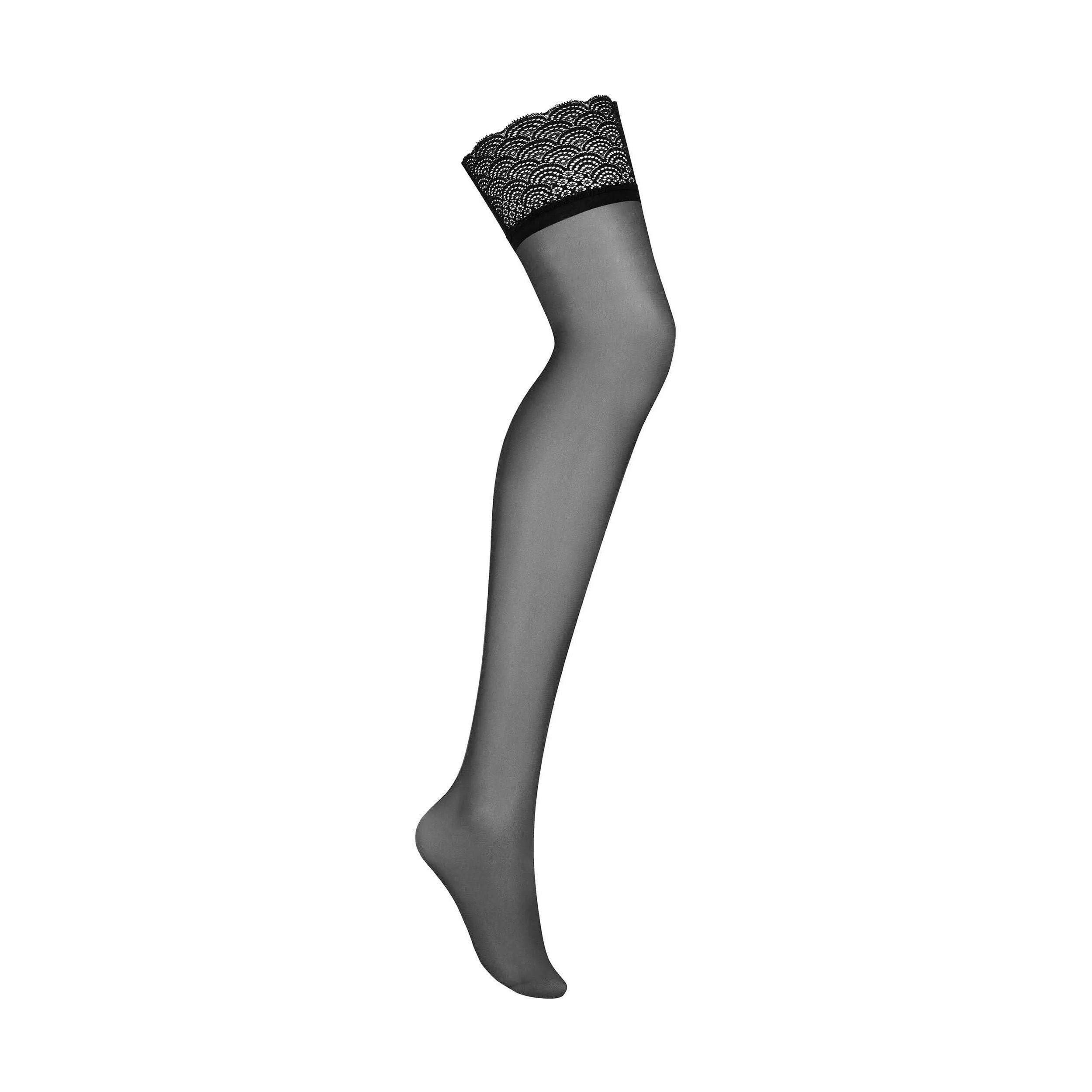 Bas dentelle noire amincissante avec finition géométrique, élégant et confortable pour bureau et soirée.
