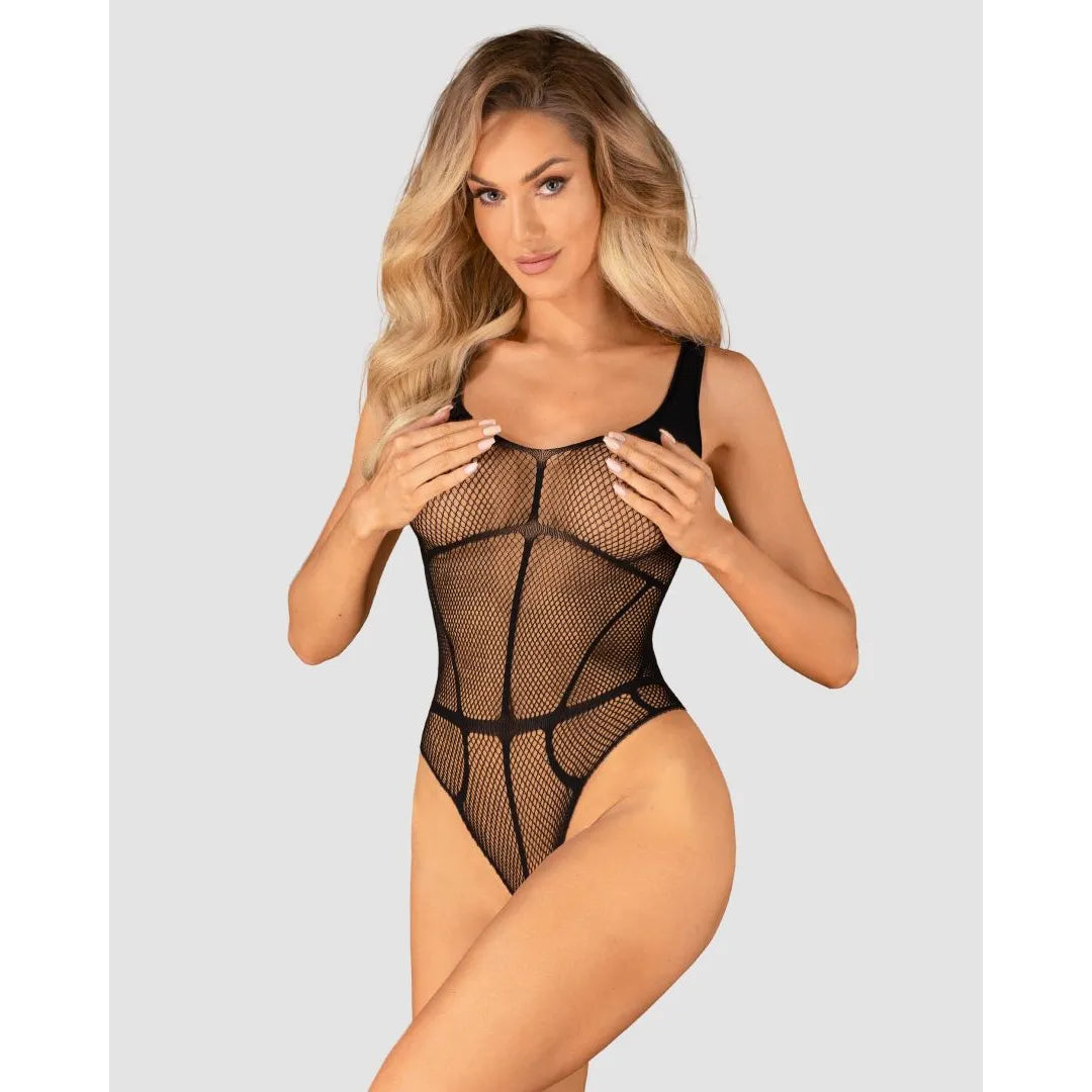 Body noir sexy en maille avec motif intrigant, entrejambe ouvert, coupe ajustée, élégant et séduisant.